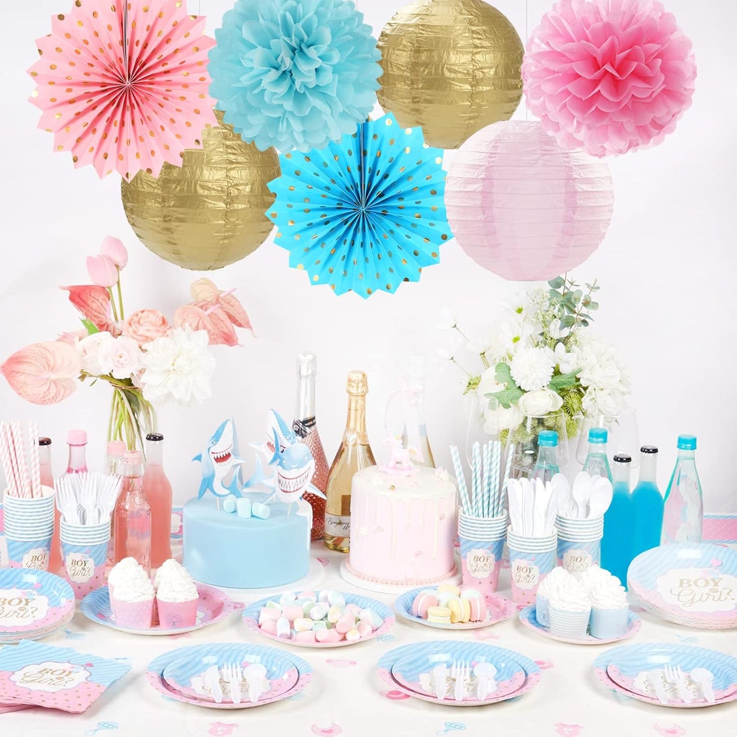Pink Blue-Gold Party-Decorations Streamers Lanterns - 14pcs Gender Reveal Boy or Girl Birthday Paper Lanterns Fan,Tissue Pom Poms Streamer, Honeycomb Balls Decor