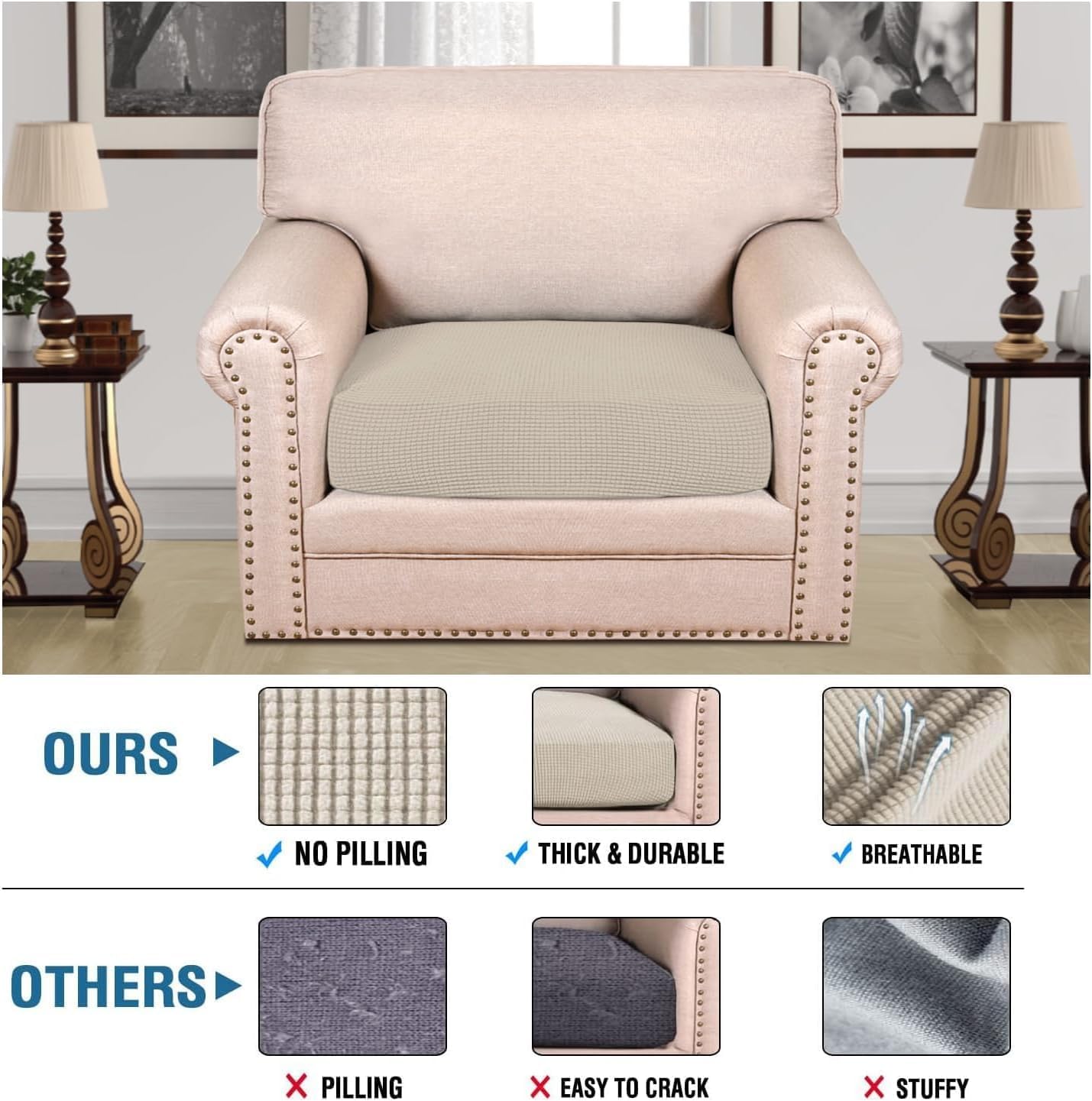 H.VERSAILTEX Super Stretch Individual Seat Cushion Covers Sofa Covers Couch Cushion Covers Slipcover Sets Thick Jacquard Textured Twill Fabric (1 Piece Chair Cushion Cover, Island Fossi)