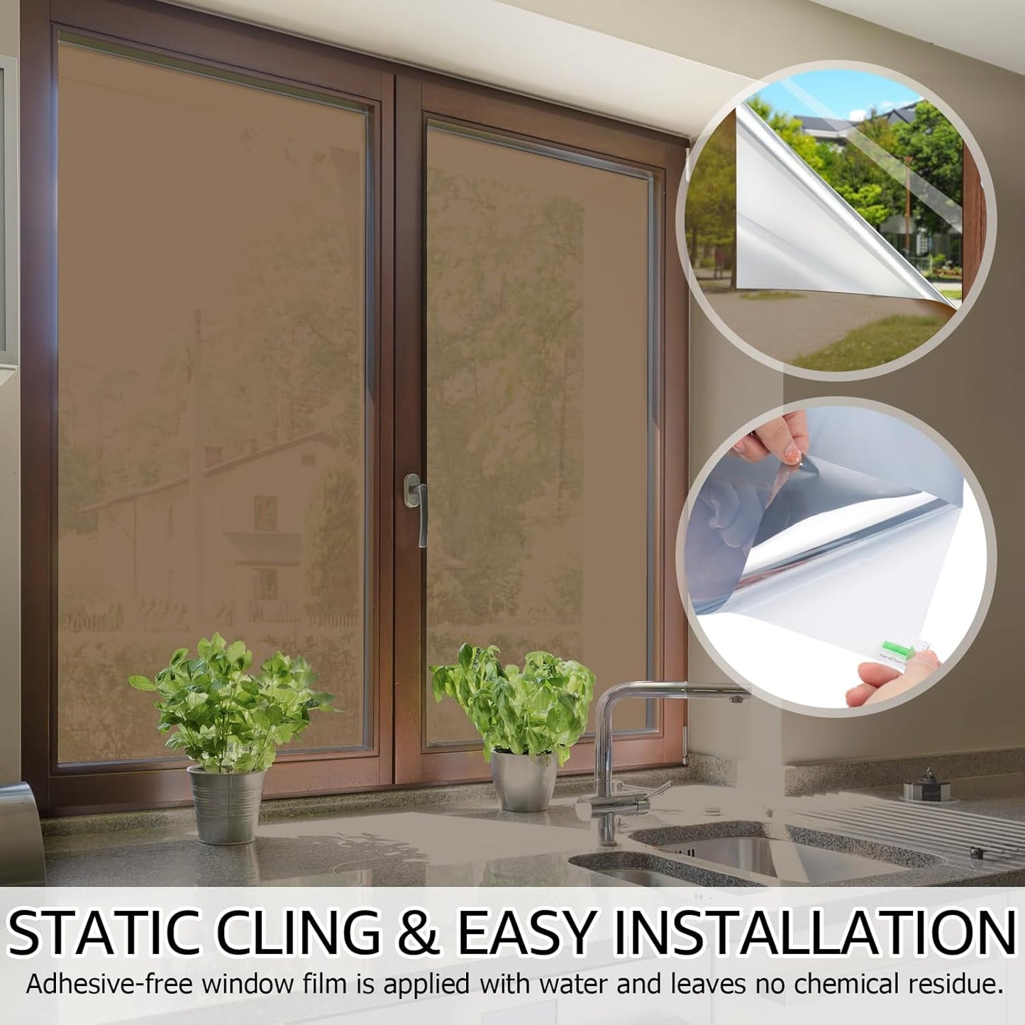 HIDBEA One Way Mirror Window Film, Daytime Privacy Sun Blocking Reflective Window Film Static Cling Heat Control Window Tinting Film for Home and Office, Brown Silver, 35.4 x 78.7 Inch