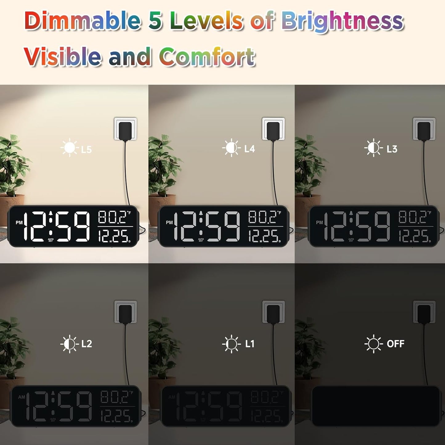 Peakeep Digital Alarm Clock for Bedrooms, Date Day of Week Large Display Numbers 6 Brightness Dimmer, 5 Volume Loud for Heavy Sleepers, 8 RGB Colors Electric Desk Clock Battery Backup, Auto DST