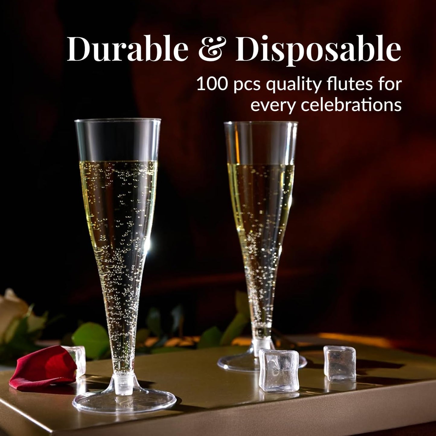 Prestee 100 Pack Clear Plastic Champagne Flutes - 4.5 oz Durable Disposable Champagne Glasses for Parties, Weddings, Toasting and Large Celebrations - Elegant Wine Glasses Stemware for Easy Cleanup