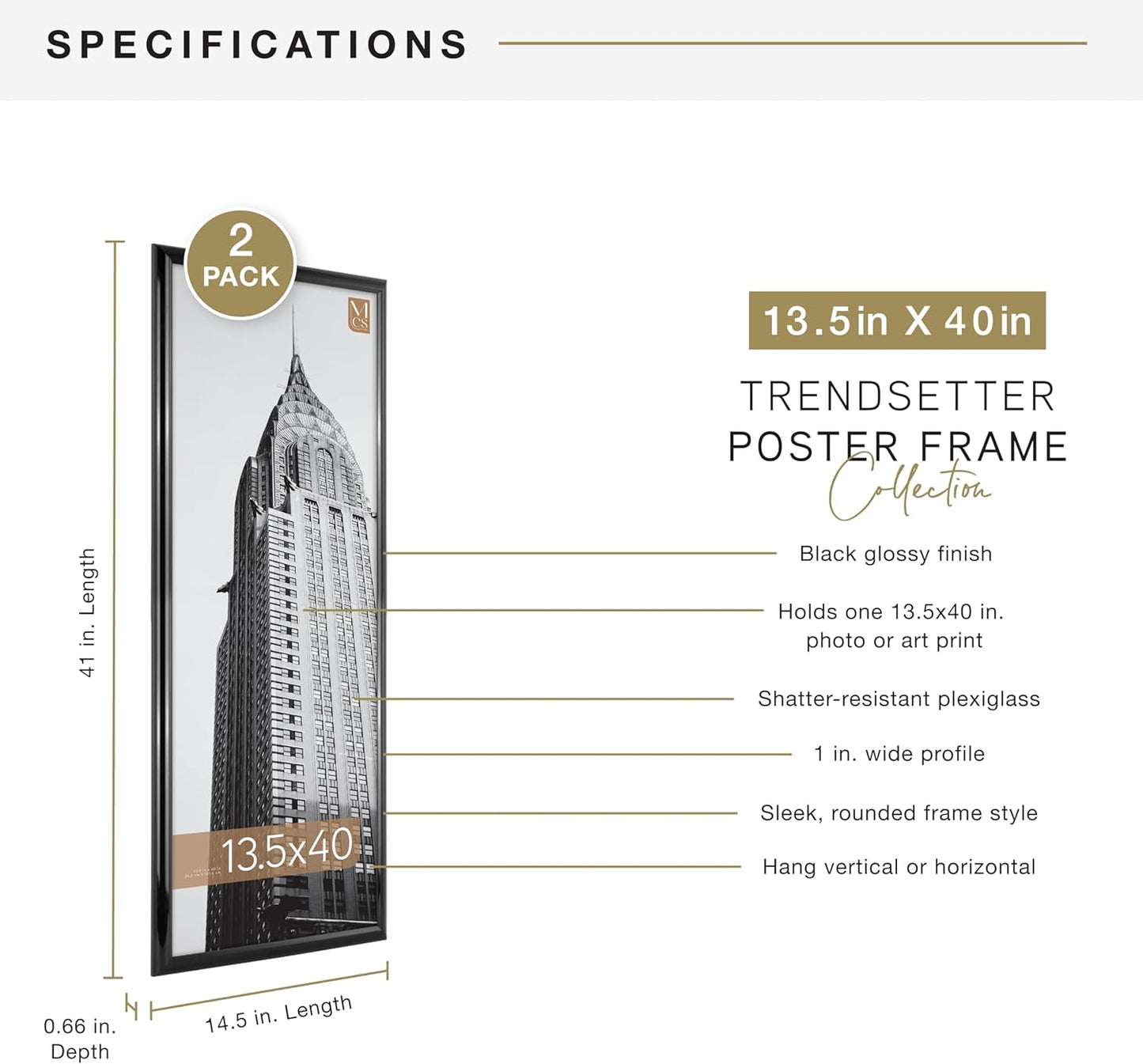 MCS Trendsetter 13.5x40 Poster Frame Black High-Gloss, Vertical & Horizontal Wall Hanging Large Picture Frame for Photos, Posters & Art Prints (1-Pack)