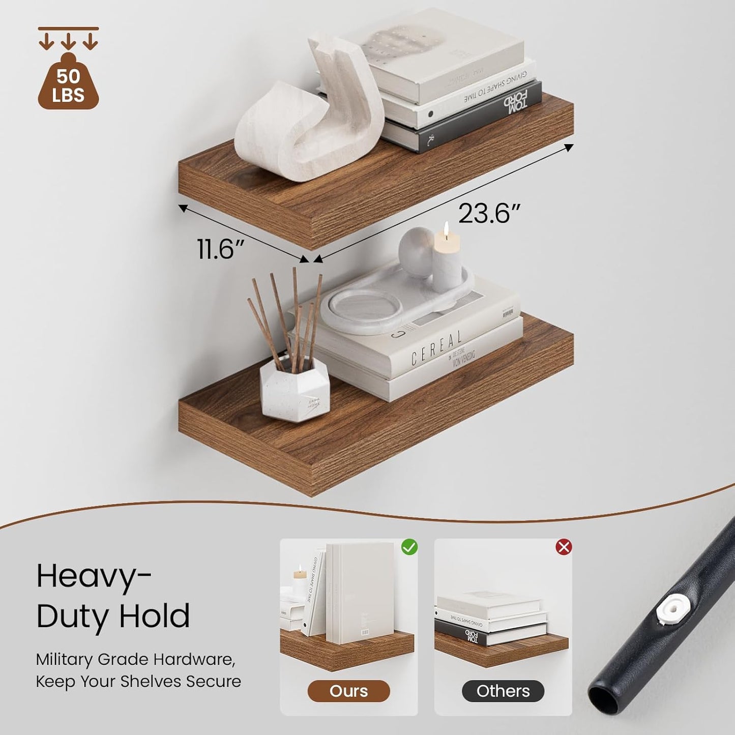 Heimlove 12" Deep Walnut Floating Shelves for Wall, 24 Inch Wall Shelf Bathroom Shelves Set of 2, Wall Mounted Shelves for Books Living Room Laundry Room Bedroom Kitchen Home Office