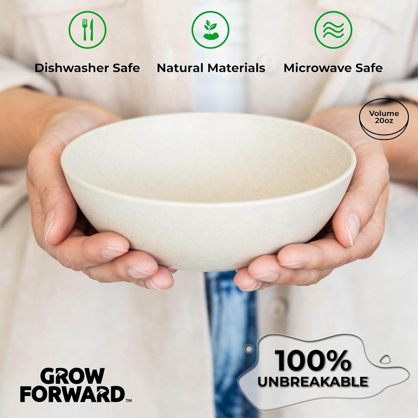 Grow Forward Premium Wheat Straw Bowls - 20oz Microwave Safe Plastic Cereal Bowls Set of 8 for Kitchen, Camping, RV, Dessert, Snack, Soup, Salad, Fruit - Reusable, Unbreakable & BPA Free - Moonlight