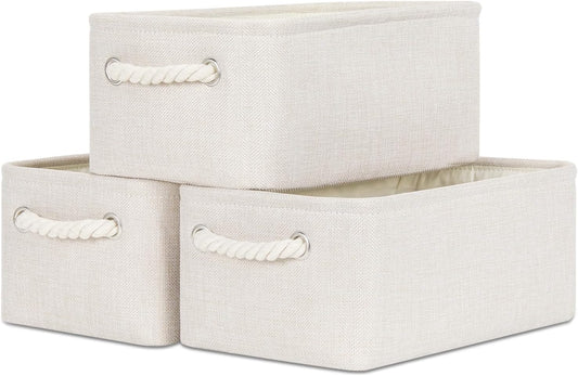 Bidtakay Small Storage Bins for Shelves 3 Pack Fabric Storage Baskets for Organizing 12x8x5 Inch Closet Storage Bins Linen Collapsible Organizer for Closet-Light Biege