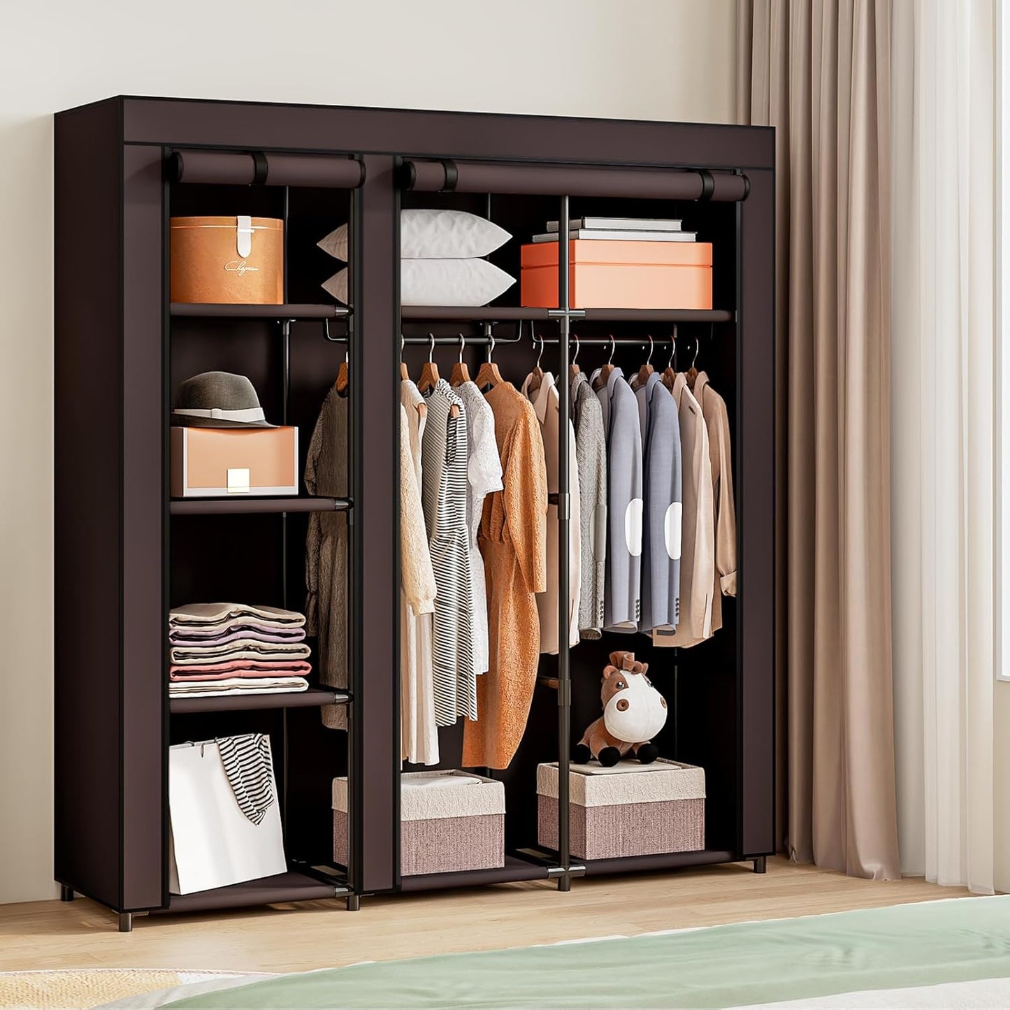 SORCEDAS Portable Wardrobe Closet Storage Organizer Metal Hanging Rack Non-Woven Fabric (Coffee, 51 Inch)