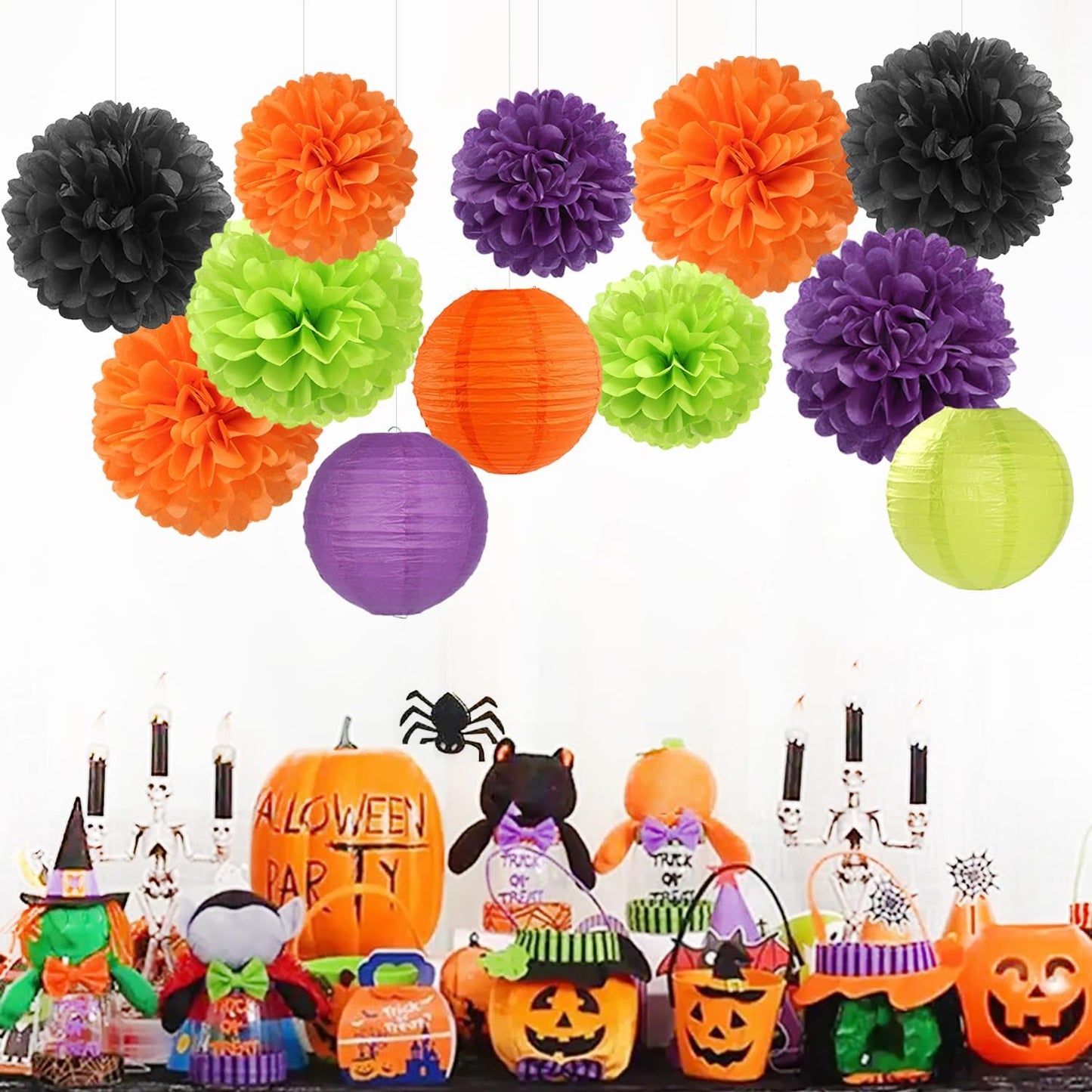 Black-Orange Purple Green Halloween Party-Decorations - 15PCS Paper Flowers Lanterns Tissue Pom Poms Streamers,Vintage Birthday Baby Shower Bachelorette Wedding Bathroom Hanging Supplies Decor Hugfond