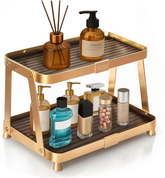 YUPER Bathroom Counter Organizer, 2-Tier Bathroom Organizers and Storage, Large Makeup Storage Shelf Vanity Tray Perfume Organizer, Bedroom Kitchen Corner Counter Storage Sink Shelf Gold