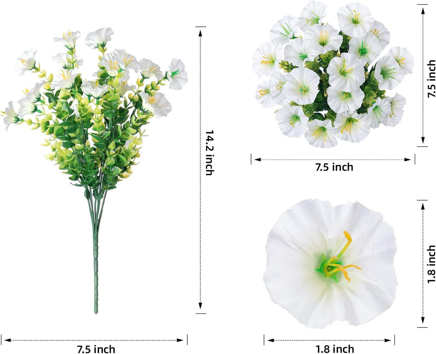 Artificial Flowers for Outdoors Fake Plants Outside Decoration, 12 Bundles Silk White Morning Glory UV Resistant Look Real Faux Flowers for Planter Front Door Porch Patio Yard Gardens Balcony