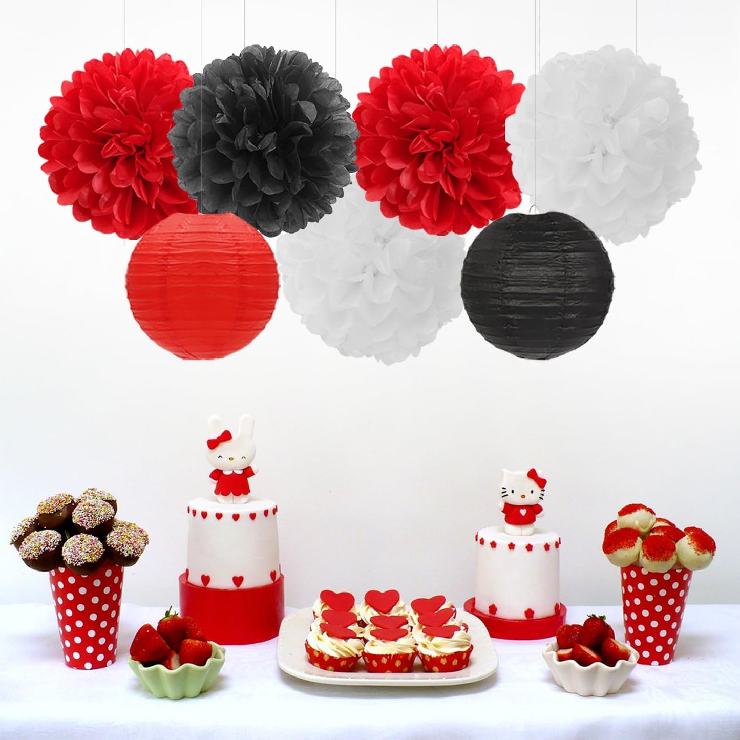 Red-Black White Party-Decorations Paper Flowers Lanterns - 15PCS Halloween Birthday Tissue Pom Poms Streamers,Wedding Baby Bridal Shower Hanging Supplies Decor Hugfond