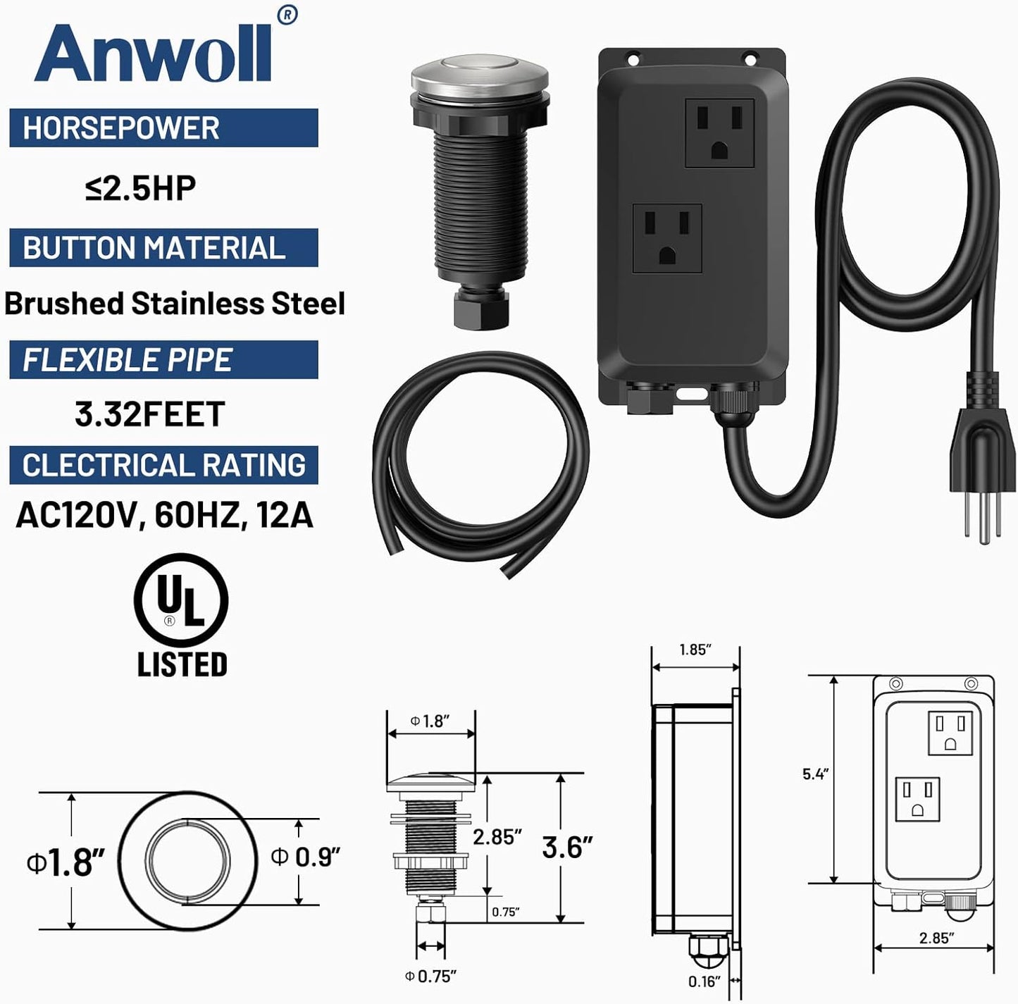 Garbage Disposal Air Switch Kit -Professional- Dual Outlet, Sink Top Waste Disposer On/Off, Garbage Disposal Button, UL Listed