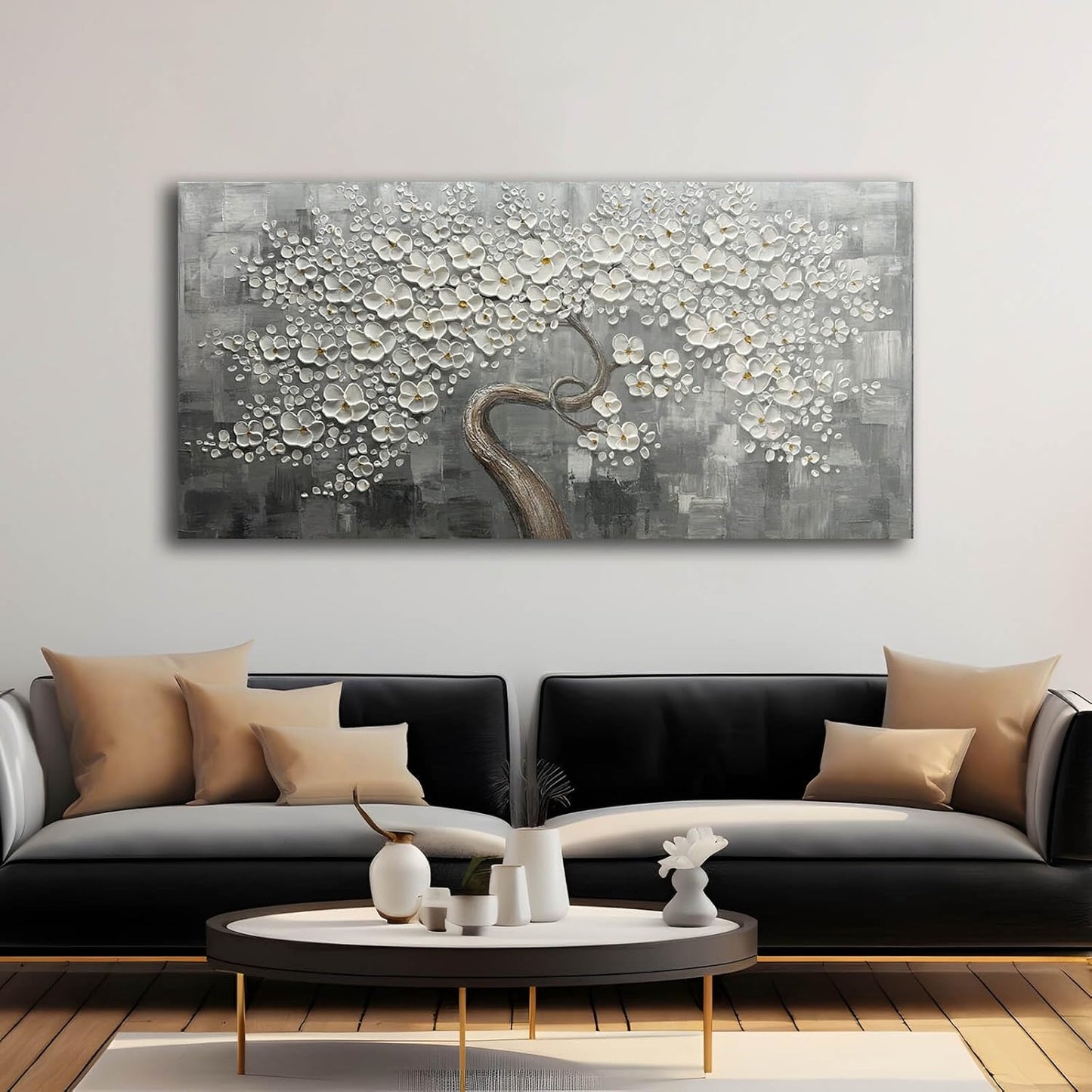 SDYA White Flower Wall Decor Living Room Decor Bedroom Decor Aesthetic Hand-Painted Flower Artwork for Bathroom Office Wall Decoration 24" x 48"