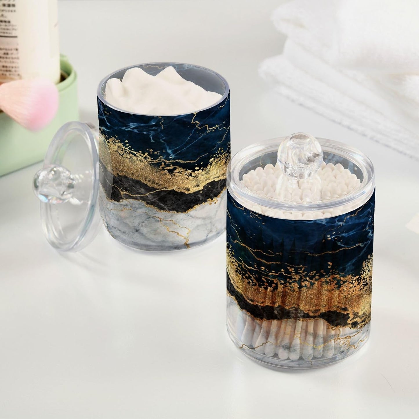 2 Pack Qtip Holder Dispenser Navy Blue Marble Bathroom Storage Canister Lid Acrylic Plastic Apothecary Jar Set Vanity Makeup Organizer for Cotton Swabs/Pads/Floss