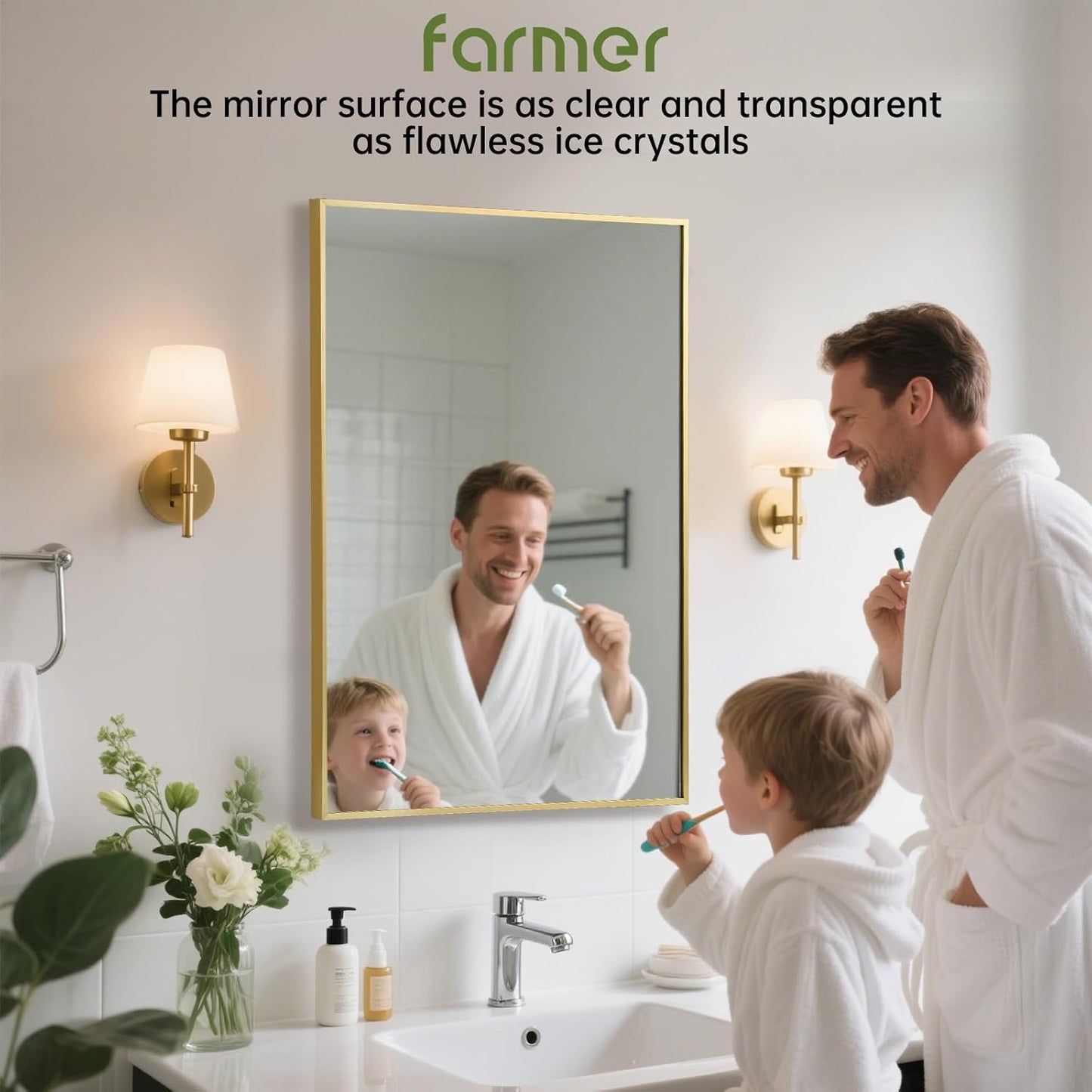 FARMER 16x24 Inch Gold Bathroom Mirror, Rectangle Wall Mounted Mirror, Vanity Mirror, Brushed Square Mirror, Framed Bathroom Mirror for Bedrooms, Entryways, Living Rooms, Horizontal/Vertical