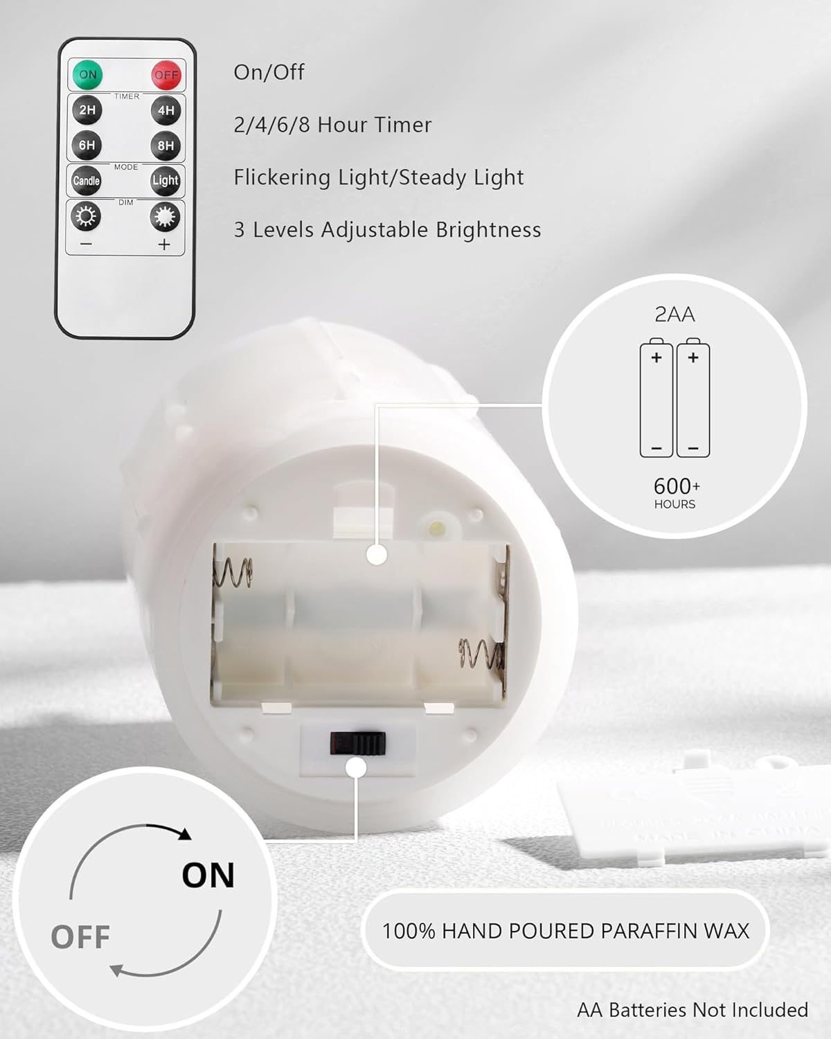 White Flameless Candles with Remote and Timer, Real Wax Made Wax Drip LED Pillar Candles Battery Operated with 3D Flickering Flame Melted Top - 3" x 4", 3" x 5", 3" x 6" - Set of 3