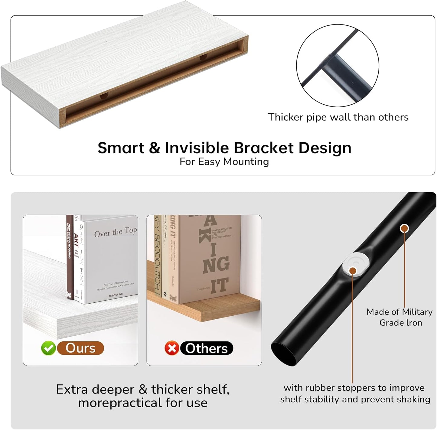 Fun Memories Floating Shelves - 16 Inch Rustic White Wall Shelf - Wall Mounted Shelves for Wall Decor Storage - Wooden Shelves with Invisible Brackets for Living Room, Bedroom, Kitchen, 2 Pack