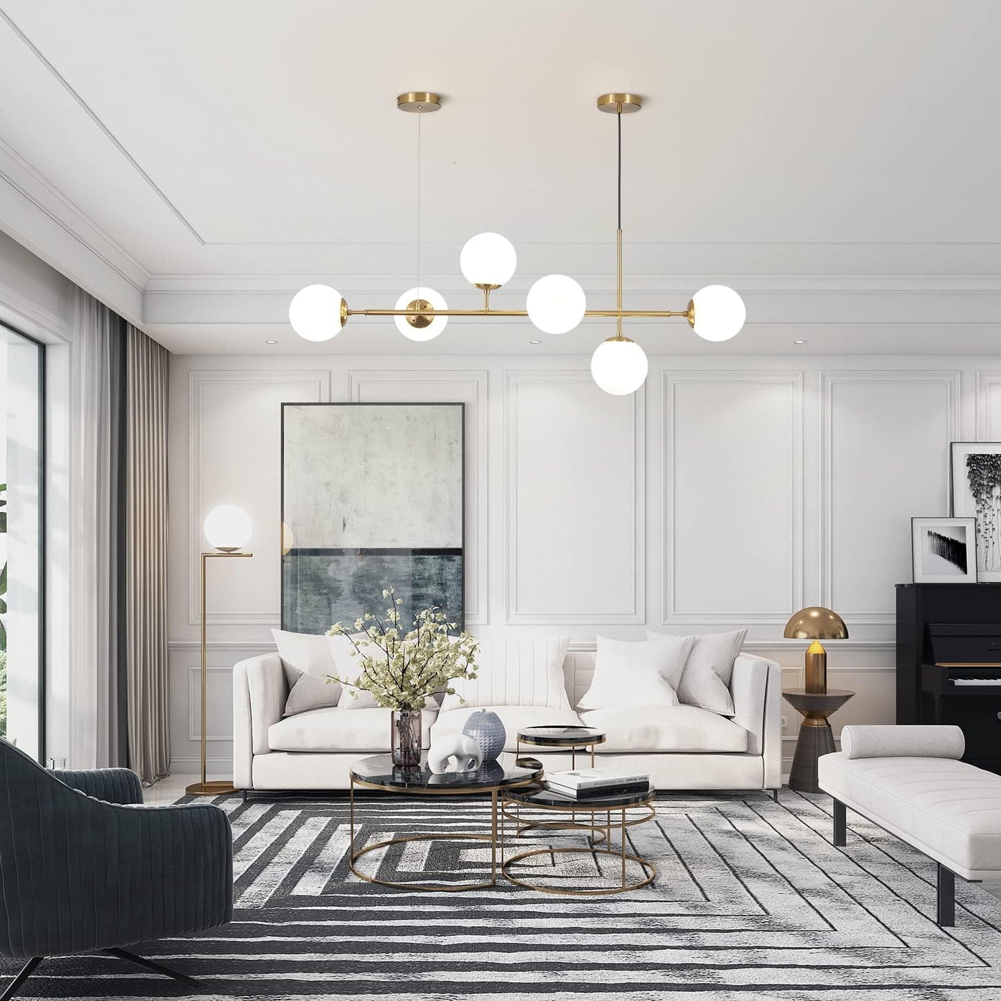 KCO Lighting Modern Globe Linear Chandelier 6 Light Milk Glass Chandeliers White and Gold Pendant Light Fixture Mid Century Rectangle Chandelier Brass Sputnik Island Lights for Kitchen