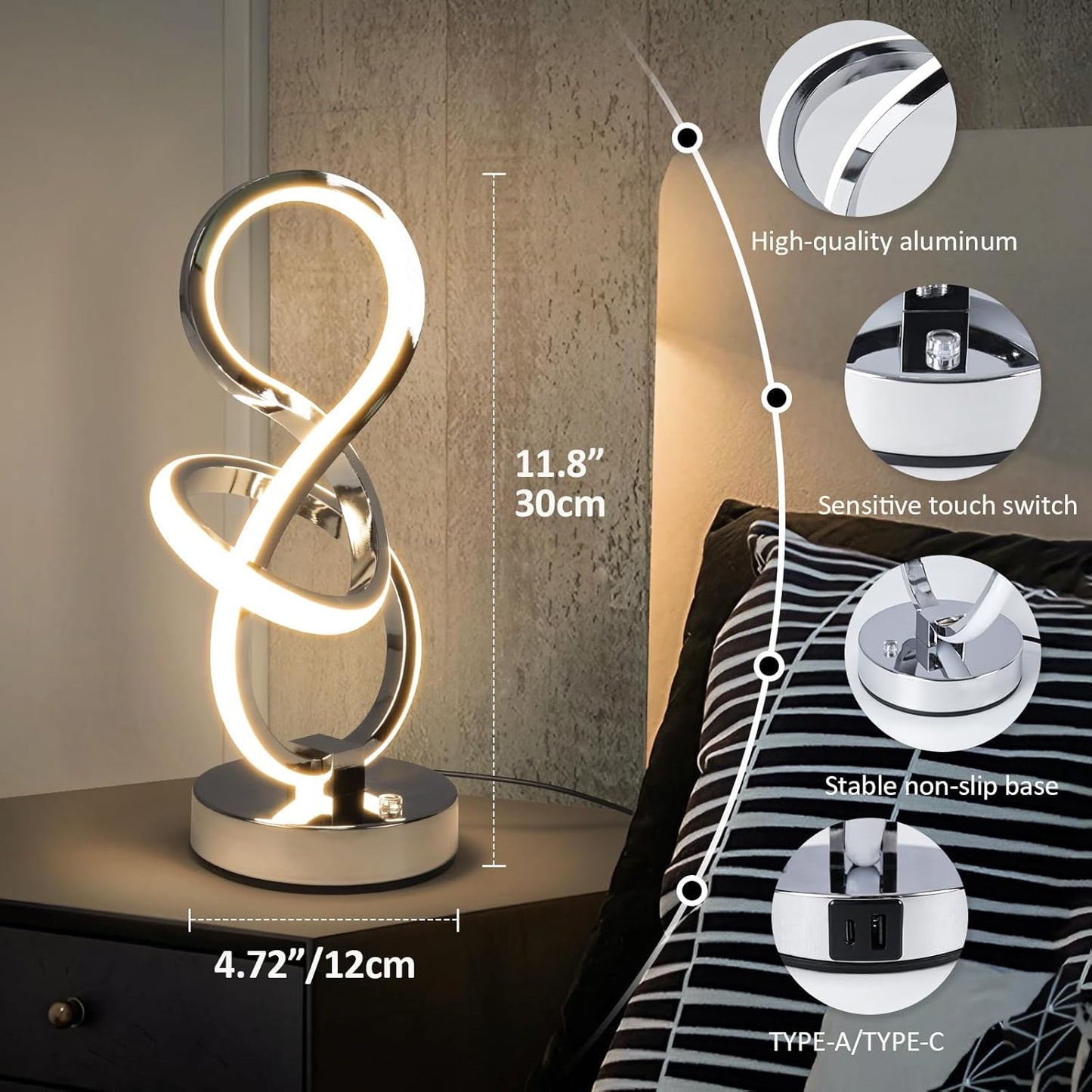 Modern Spiral Table Lamp, 7 Colors 10 Light Modes LED Nightstand Small Lamp with USB C+A Ports, Touch Dimmable Lamps for Living Room Bedroom Bedside, Unique & Cool Lamps,Silver
