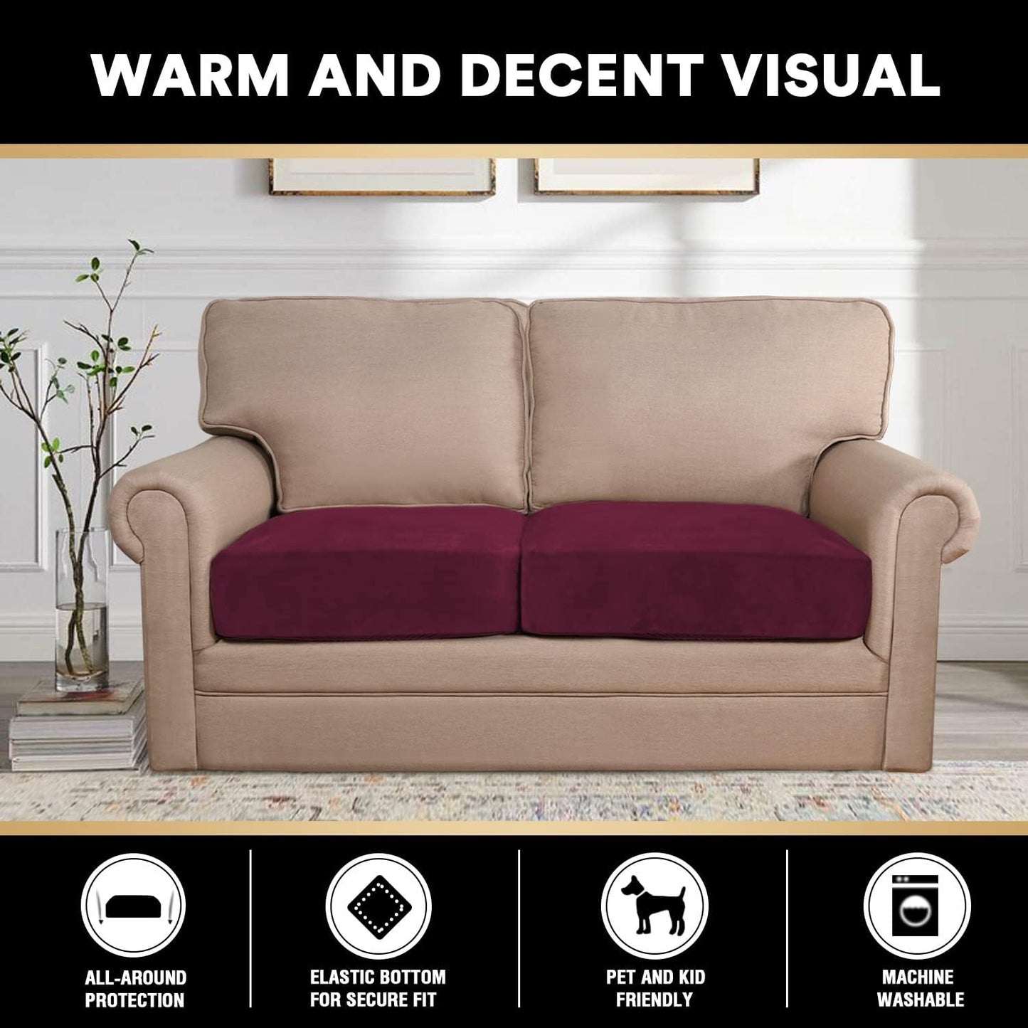 PrinceDeco Stretch Velvet Couch Cushion Covers, Soft Cushion Slipcover for Chair Loveseat Sofa Cushion Furniture Protector Seat Cushion Sofa Cover(Each Width Up to 29.5", Burgundy)