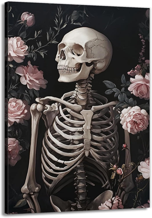 OAAPITI Skull Floral Wall Art Vintage Skeleton Portrait Canvas Print Dark Gothic Skull Art for Living Room Bedroom Home Wall Decor Ready to Hang(Artwork-10,20"x30")