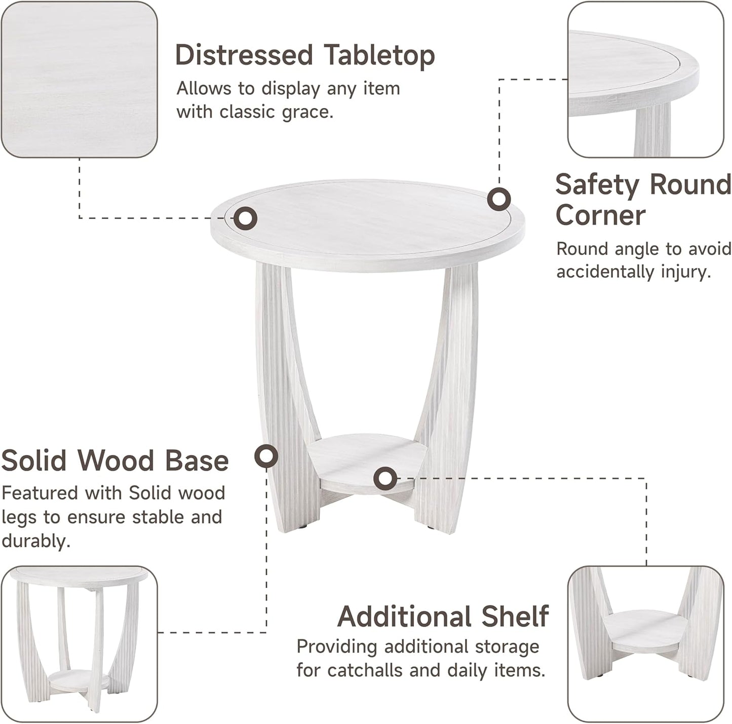 Rustic Farmhouse end Table X 2P with Storage Shelf, French Country Accent Side Table for Family, Dinning or Living Room, Small Spaces, Modern, Round, White