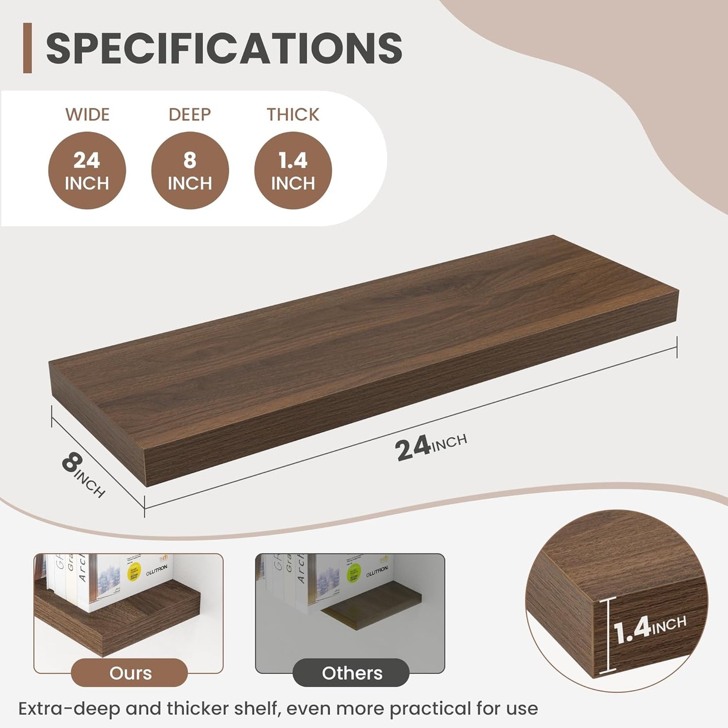 24 Inch Floating Shelves, 8 Inch Deep Floating Shelves for Wall, Hanging Shelf with Invisible Brackets, Deep Shelves for Bathroom, Bedroom, Living Room, Walnut, Set of 2