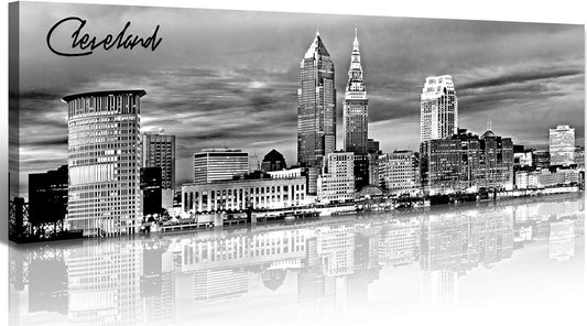Cleveland Skyline Decor Wall Art Canvas Prints Black and White Night View USA Cityscape Panoramic Painting for Bedroom Office Framed and Ready to Hang 13.8"x47.3"
