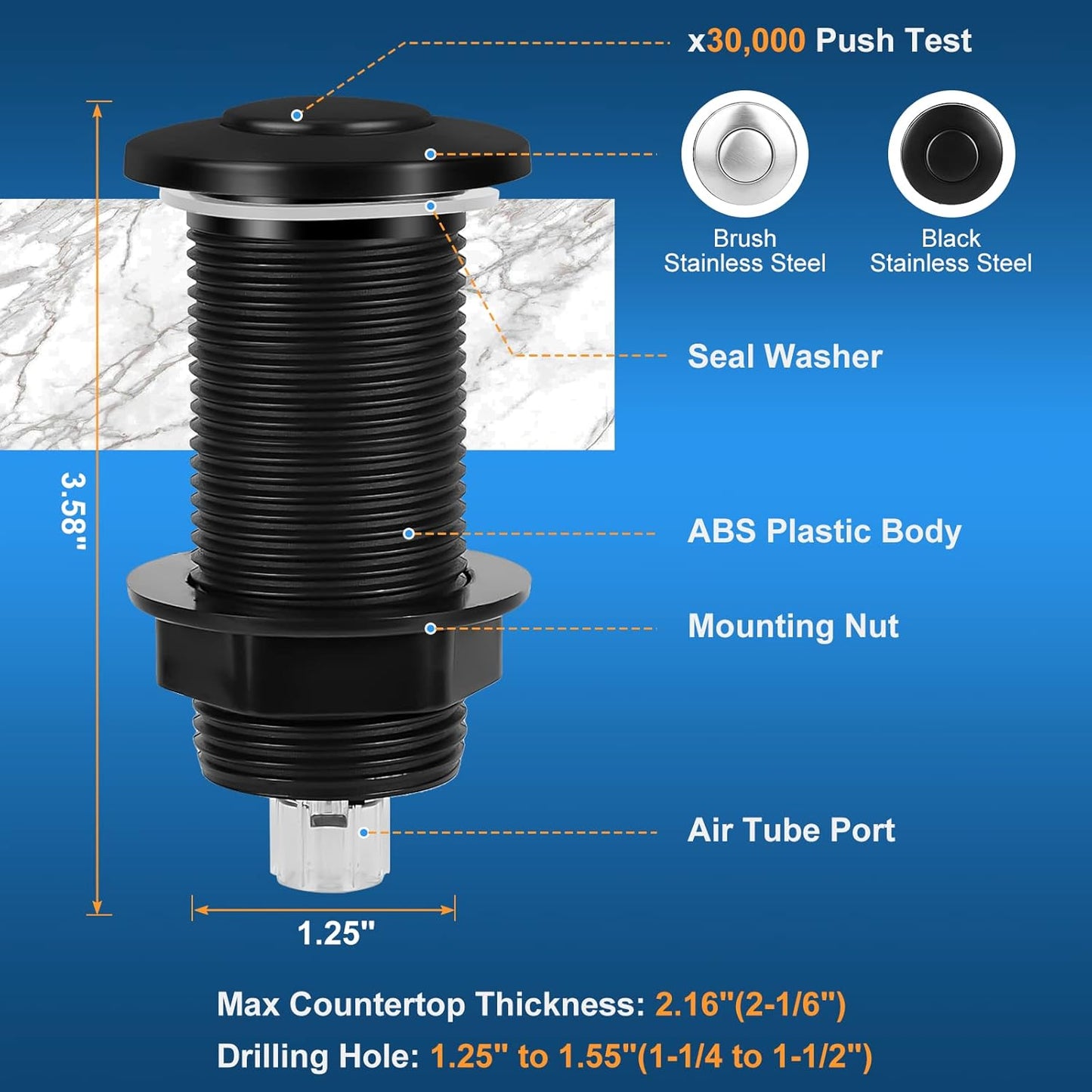 Air Switch Kit for Garbage Disposal, UL Listed Sink Top Air Switch for Food Waste Disposal, 3.58” Extra Long Air Button (Black Stainless Steel)