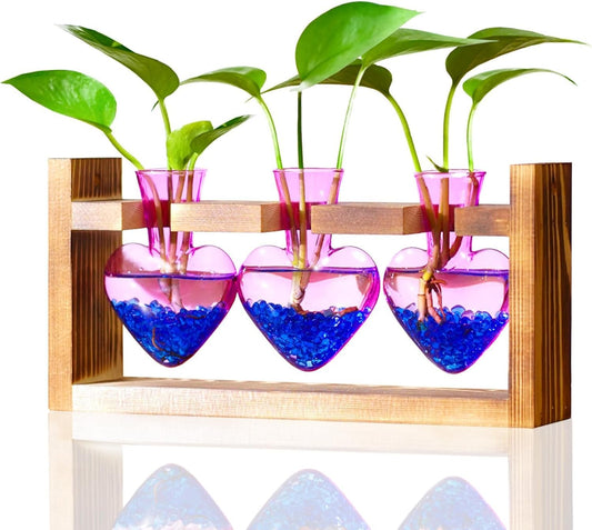 Nacome Plant Terrarium for Office Decor: Birthday Gifts for Plant Lovers Women Mom Wife - Wooden Stand Tabletop Planter 3 Bulb Glass Vase Heart Shaped for Hydroponics Indoor Home(Purple)