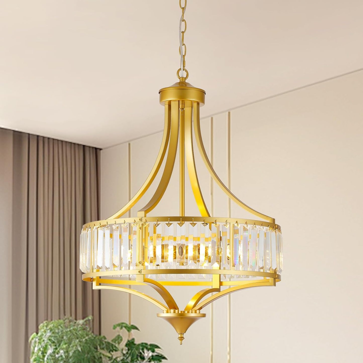 Modern Gold Crystal Chandelier, 20 Inch Large Ceiling Pendant Light Fixture with 50'' Adjustable Hanging Chain, 5-Light Farmhouse Chandelier for Dining Room, Living Room, Bedroom, Entryway