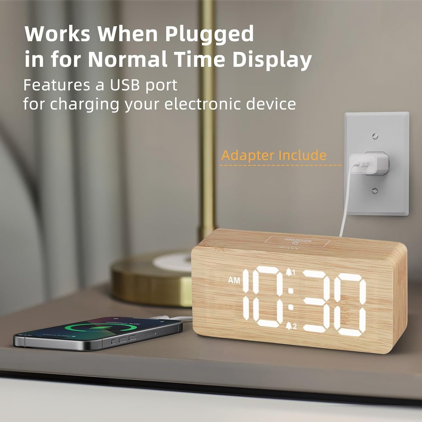 uscce Wooden Digital Alarm Clocks for Bedrooms: Dimmable Dual Alarm Clock with Large Numbers for Bedside Desk - Loud Alarm for Heavy Sleepers with Volume Control - Wood Decor & Gifts