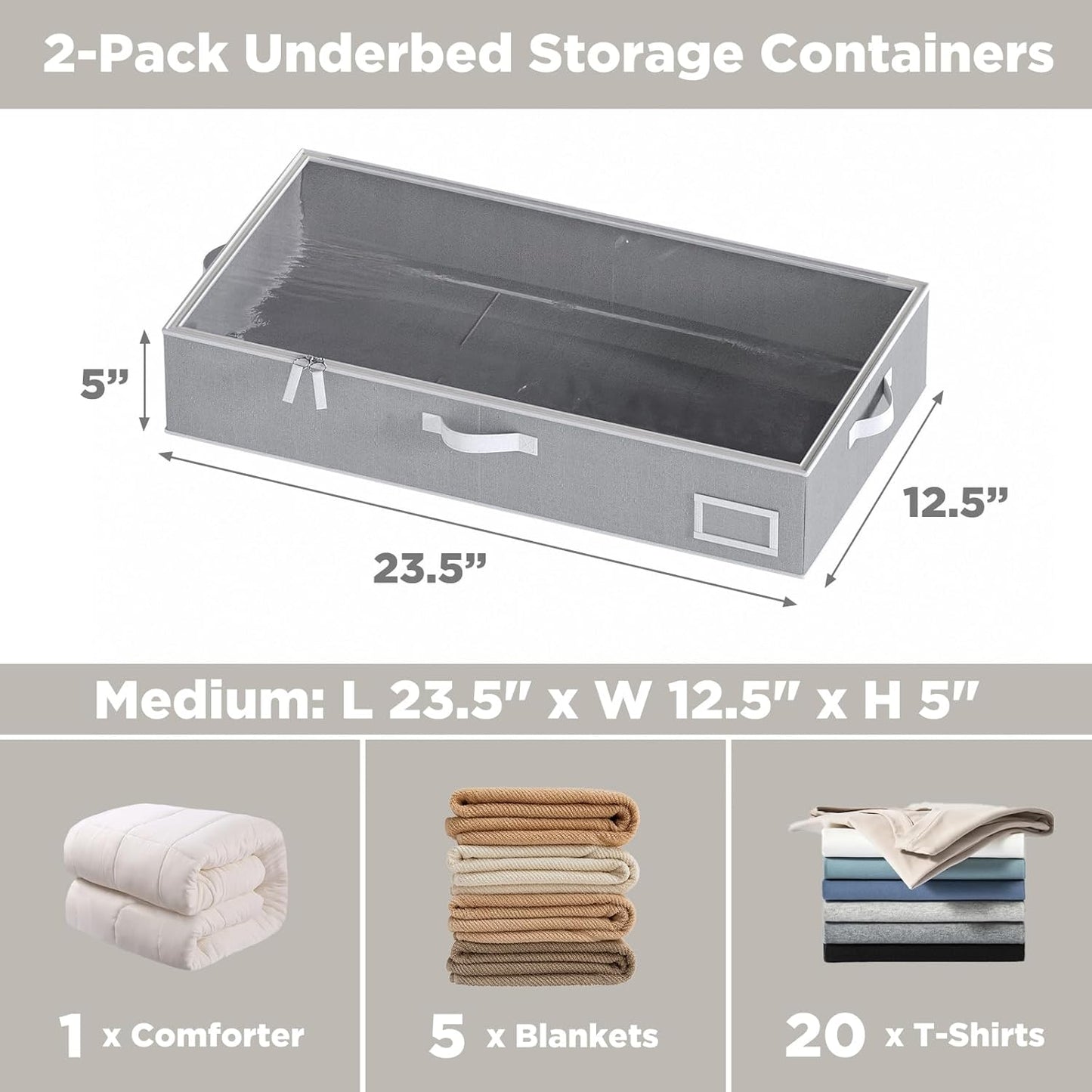 Under Bed Storage Containers, 2-Pack Underbed Storage Box, Collapsible Clothes Storage Bins with Handles and Lid, Large Under Bed Organizers for Shoe, Blanket, Toy, Pillow, Sheet, Gray