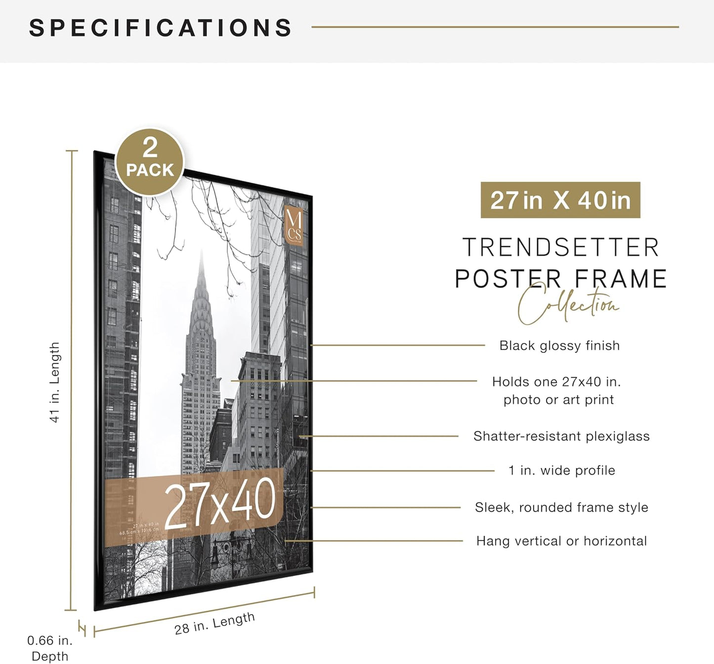 MCS Trendsetter Movie Poster Frame 27x40 Black High-Gloss, Vertical & Horizontal Wall Hanging Large Picture Frame for Photos, Artwork & Custom Posters (3-Pack)