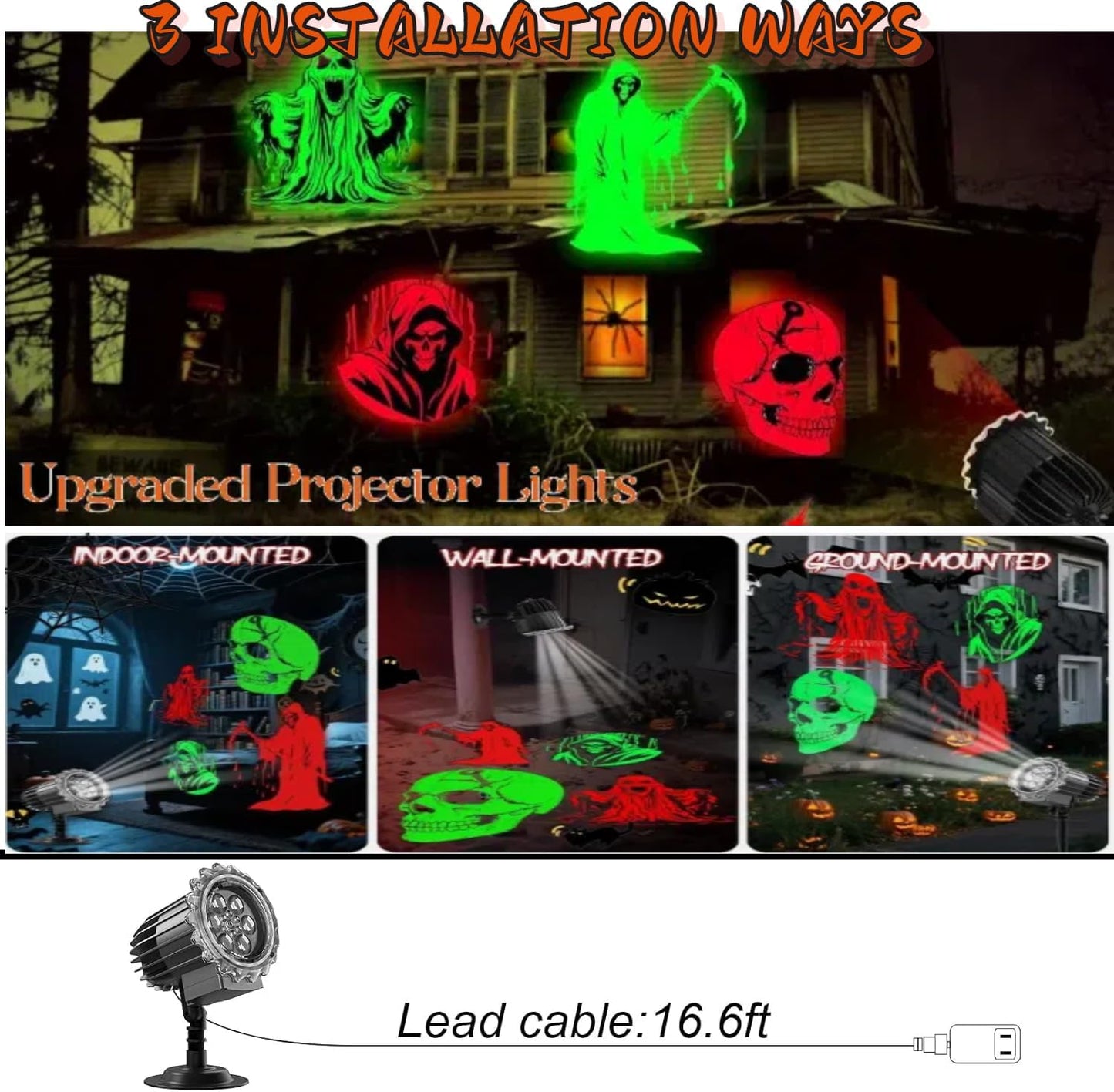 Halloween Projector Lights Outdoor,2025 Upgraded 3D HD Dynamic Skull Ghost Decorations Light,Waterproof Holiday Light,Terror Atmosphere Maker Night Light for Home Window Wall Halloween Decor