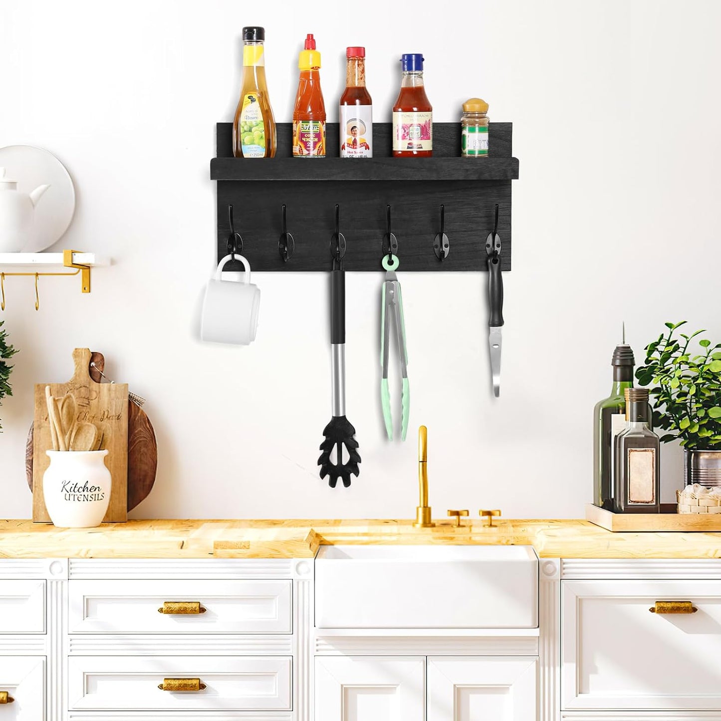 Shelf with Hooks, Coat Rack Wall Mount with 6 Double Metal Hooks, 17 Inch Farmhouse Wall Hooks with Shelf, for Entryway, Bathroom, Kitchen, Black