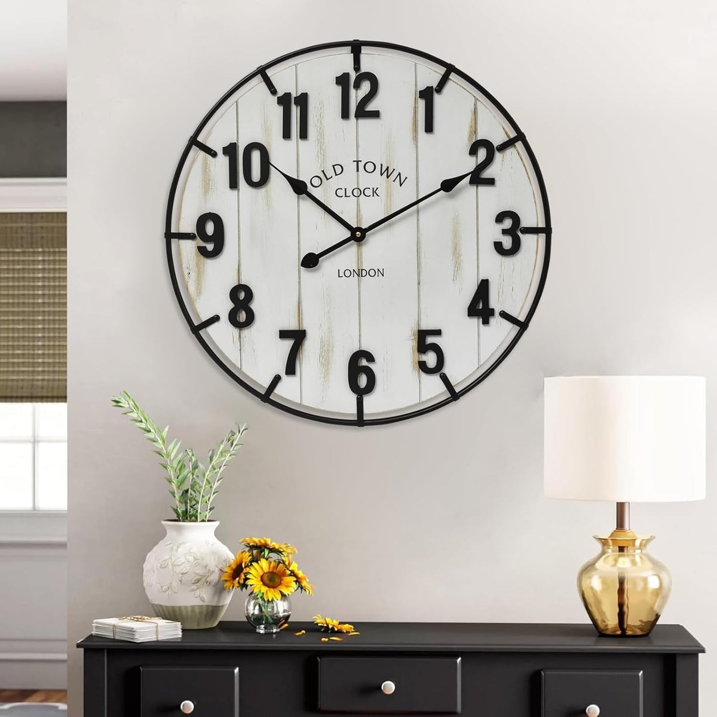 Large Old Town Farmhouse Wall Clock – 24 Inches Rustic Antique Wood with Metal Circle and Large Numerals, Silent Battery Operated Clock for Office, Kitchen, Bedroom, Living Room (Washed White)
