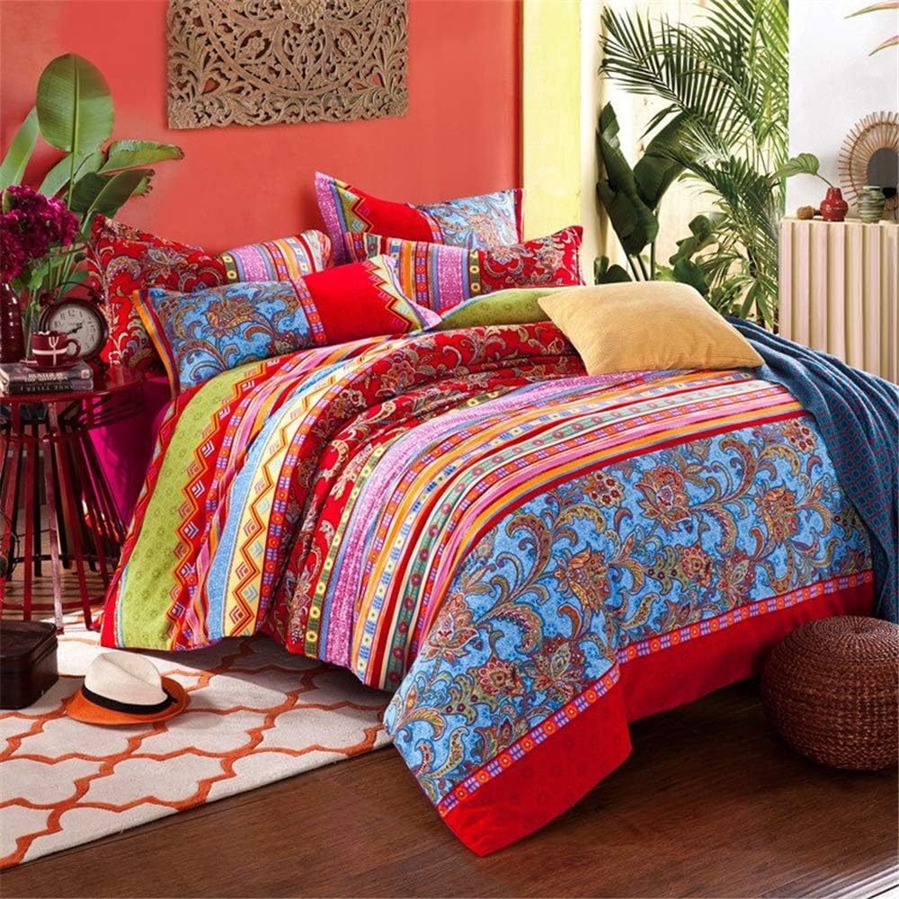 ABREEZE Bohemian Duvet Cover Set Colorful Red Boho Retro Bedding Set Damask Paisley Cotton Duvet Cover Tribal Reversible Bedding Exotic Style Comforter Cover 3-Piece Twin