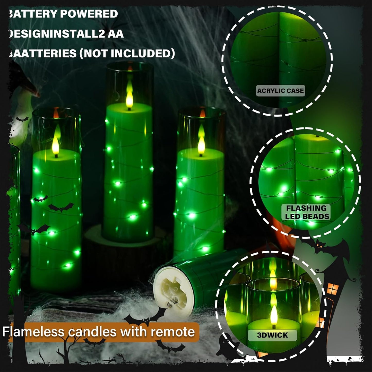 Flickering Flameless LED Candles,Battery Operated Candles 9 Pcs with Embedded Star String,Acrylic LED Pillar Candles with Remote,Suitable for Home Decoration to Create an Atmosphere (Green)