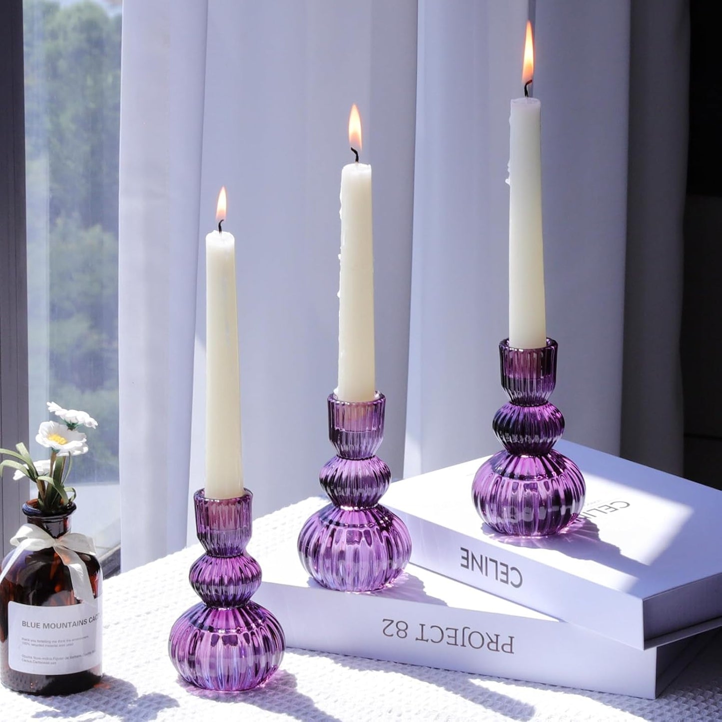 Woho Purple Candlestick Holders Set of 3 for Halloween Decorations, 4.3" H Ribbed Glass Taper Candle Holders Bulk for Wedding Table, Vintage Candle Sticks Holder Decor for Birthday Party/Home Decor