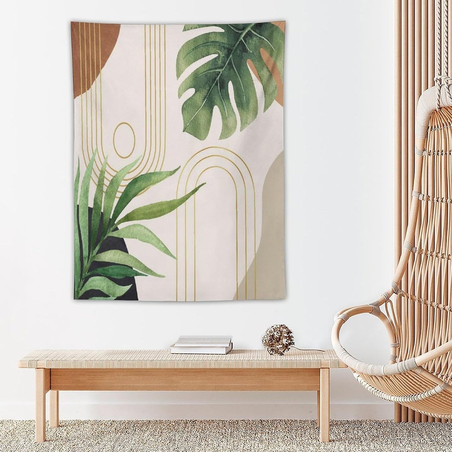 Abstract Boho Tapestry, Mid Century Tropical Tree Leaves Modern Geometric Arch Bohemian Botanical Tapestry, Home Aesthetic Wall Hanging Art Decor for Living Room Bedroom Dormitory 60x60 Inch