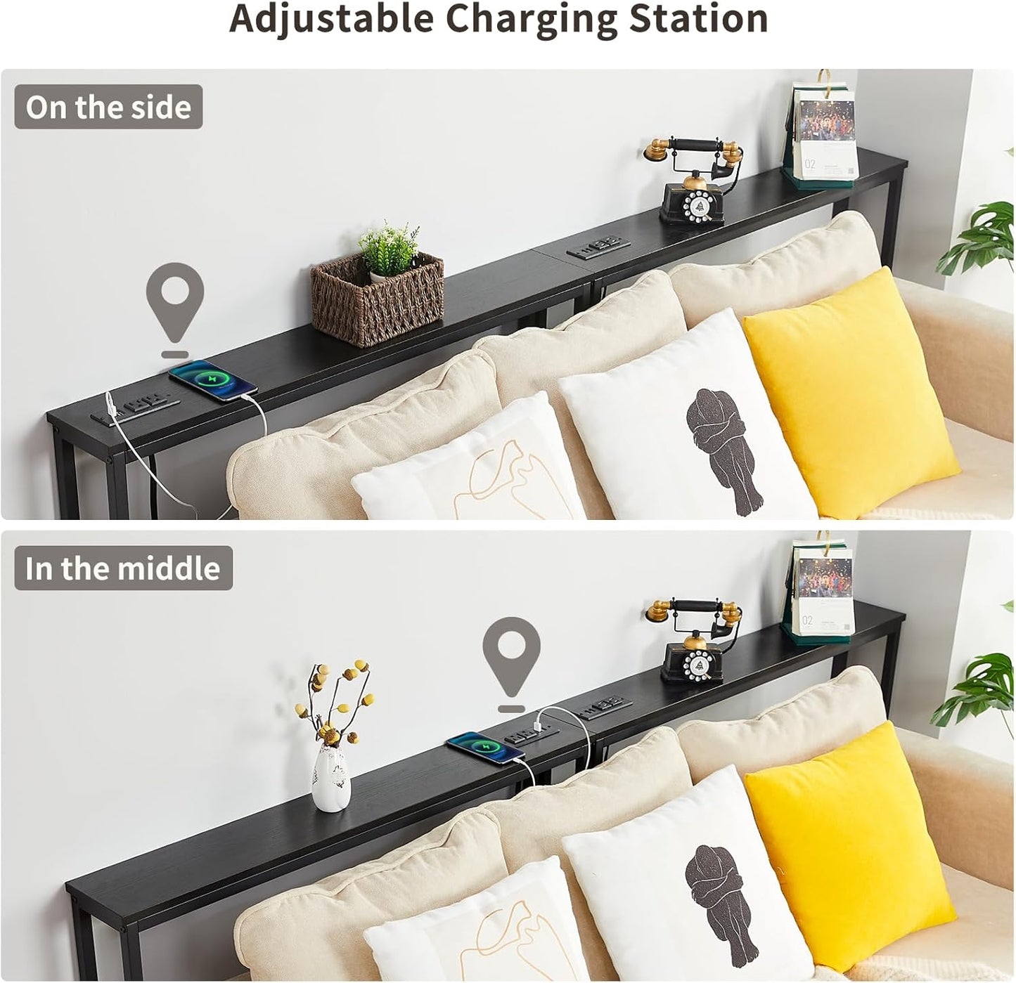 ELYKEN 5.9" Narrow Console Sofa Table with Power Outlets, 5.9" Dx39.4 Wx31.1 H Long Black Behind Couch Table with Metal Frame and Charge Station with 6.5’ Extension Cord