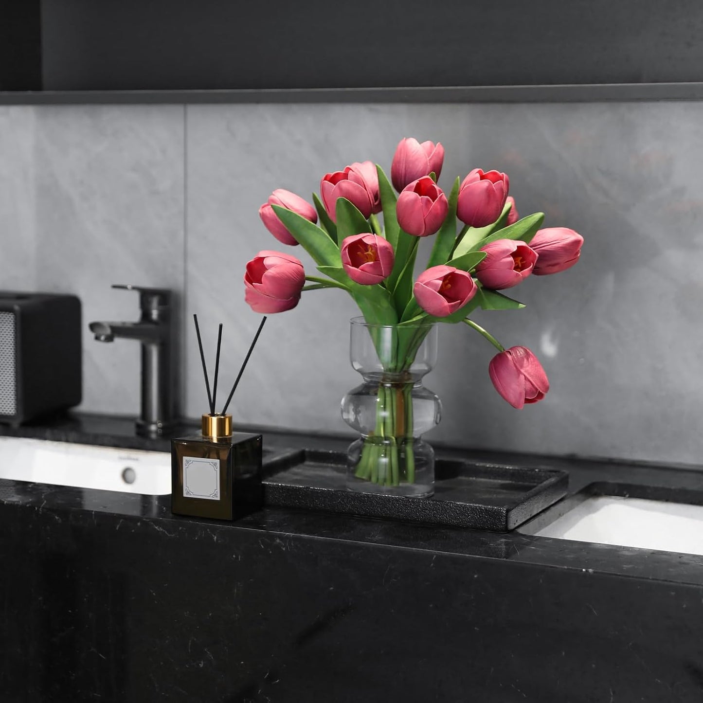 Deep Pink Artificial Tulips, 2 Bundles 14Pcs, Fake Tulips Artificial Flowers, 2 x 2.4 Inch Large Flower Head Big Tulip, Easter Valentine's Day Mother's Day Home Decoration Flowers