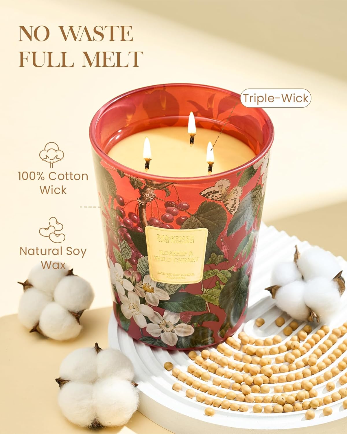 M&SENSE Wild Cherry Scented Candle 3 Wick, 35oz 150H Long Lasting, Soy Candles Stress Relief Romantic Gifts for Women Home Decor