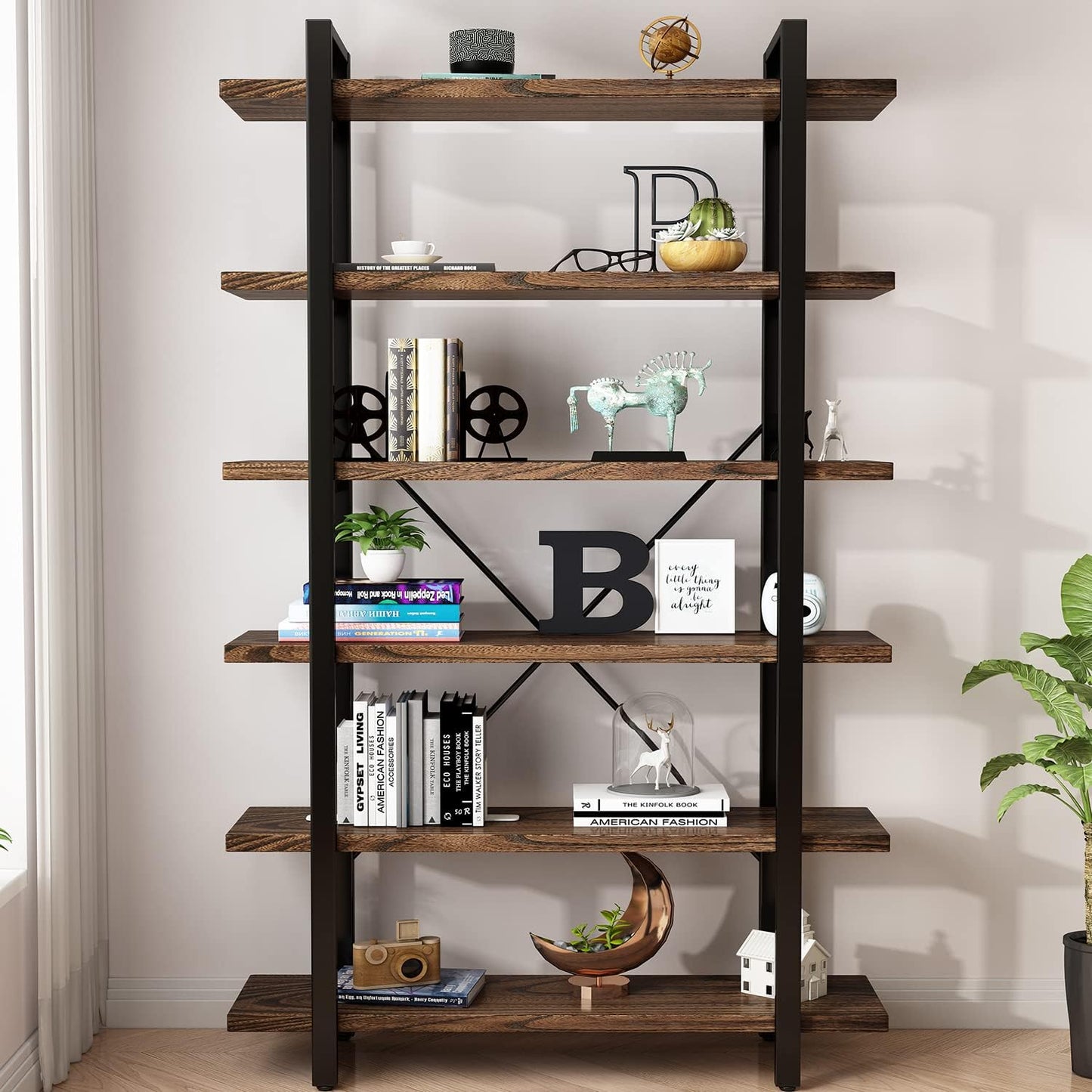 Solid Wood Bookcase and Book Shelves Wood and Metal Shelving Unit 6 Tier Bookshelf Modern Rustic Open Bookshelf Office,Distressed Brown (AY-02-6Tier)