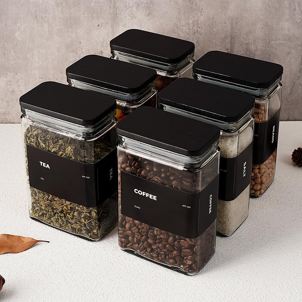 27 oz Glass Storage Jars with Bamboo Lid, set of 6, glass canisters with airtight lids, Clear jars with lids for Cookie, Candy, Tea, Coffee Bean and Rice, Black