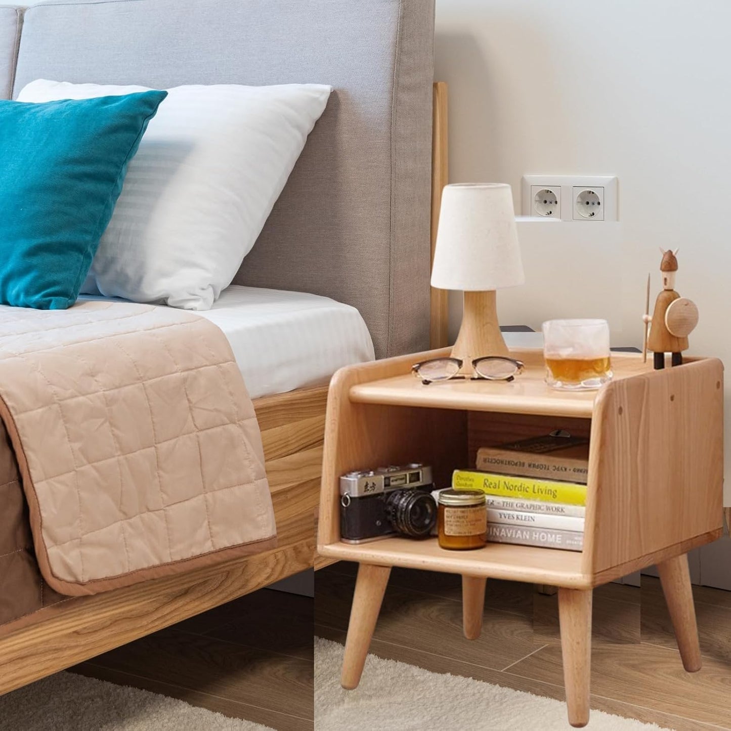 Small Nightstand, 100% Solid Oak Wood Bedside Table, Mid Century Modern Nightstand with Open Storage,Storage Cabinet for Bedroom (2pc Natural Color)