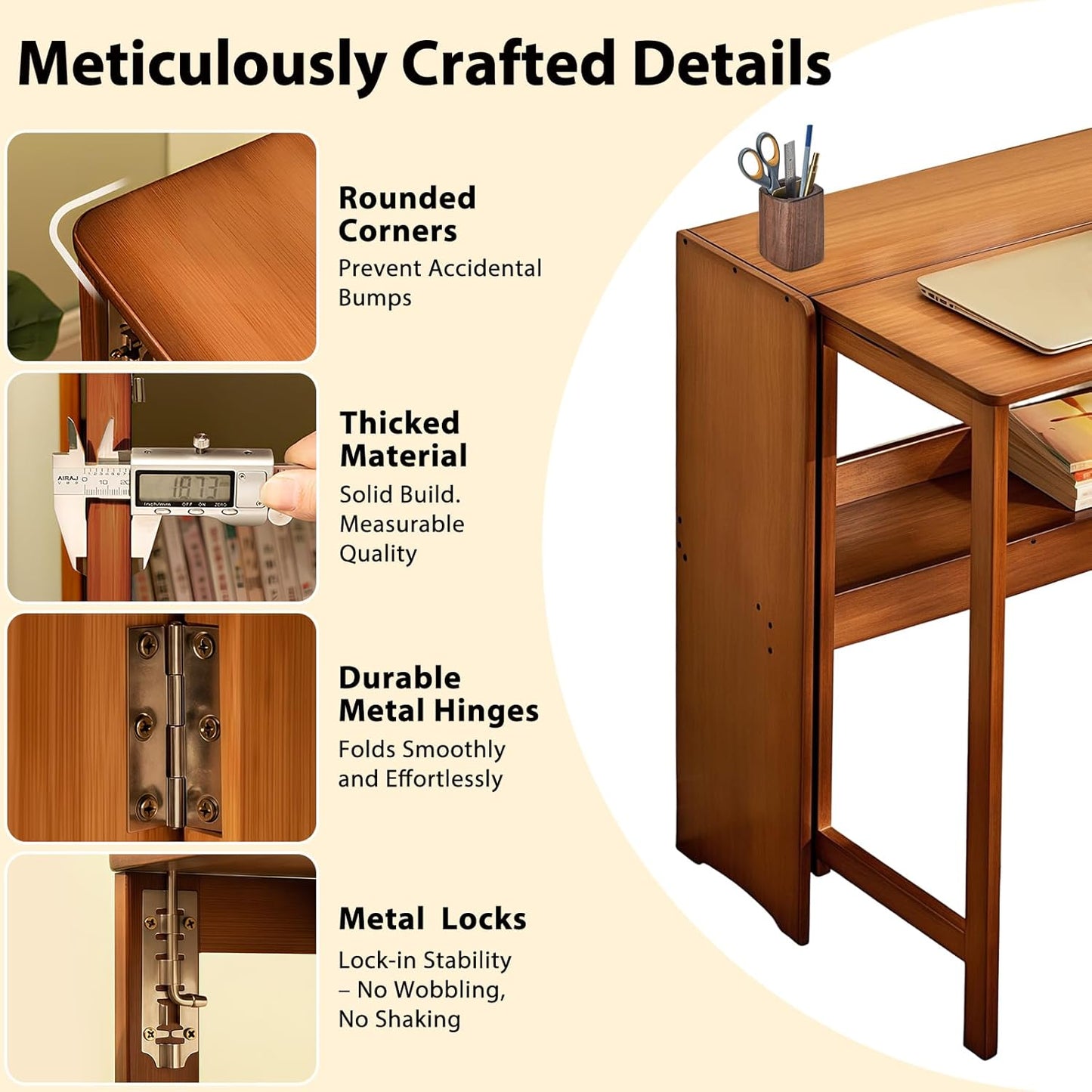 31.5" Bamboo Folding Desk,Space-Saving Computer Desk for Small Spaces, Foldable Study Table for Bedroom, Home Office, Dorm, Apartment（Brown