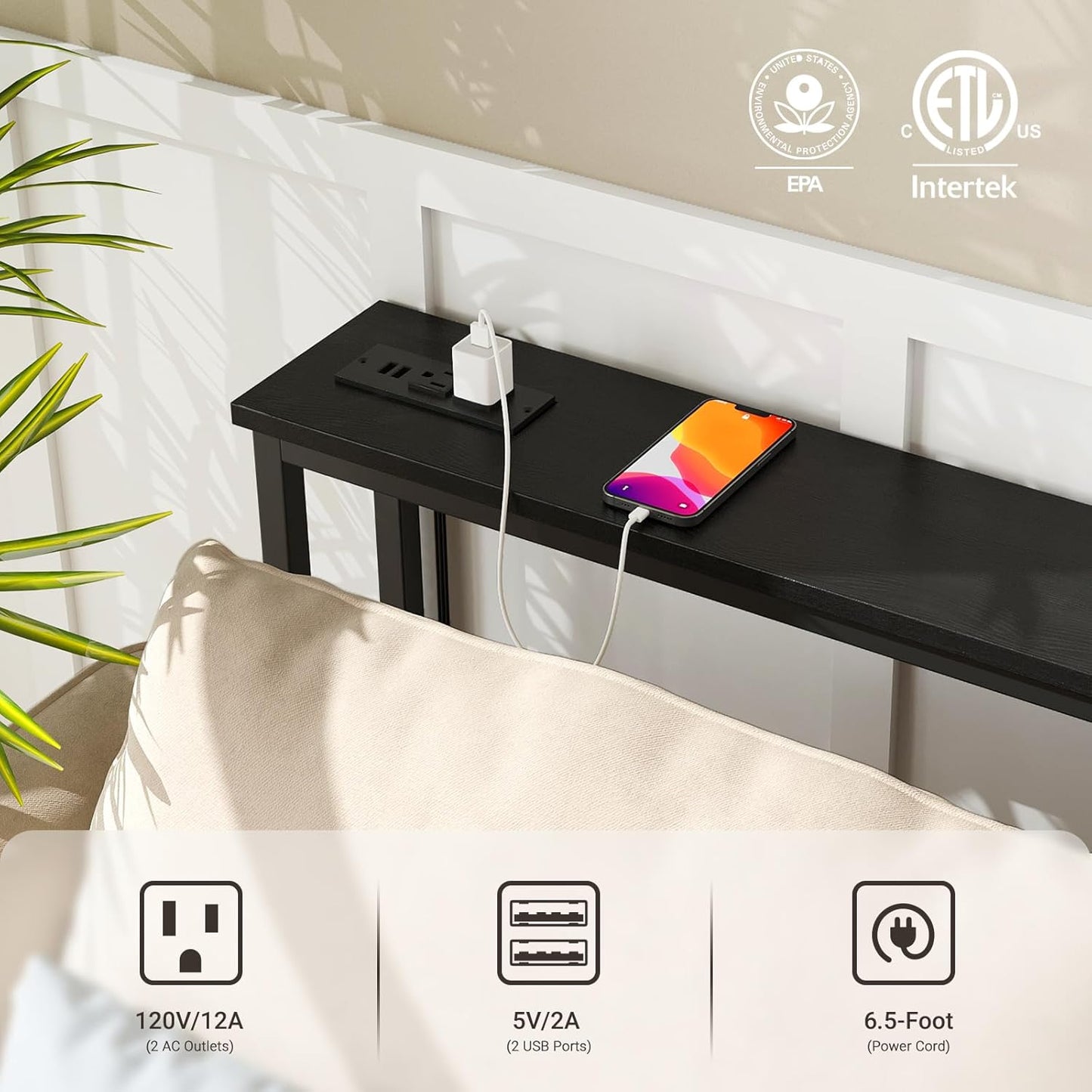 ELYKEN 2 Pack 5.9" Narrow Console Sofa Table with Power Outlets, 5.9" Dx39.4 Wx31.1 H Long Black Behind Couch Table with Metal Frame and Charge Station with 6.5’ Extension Cord