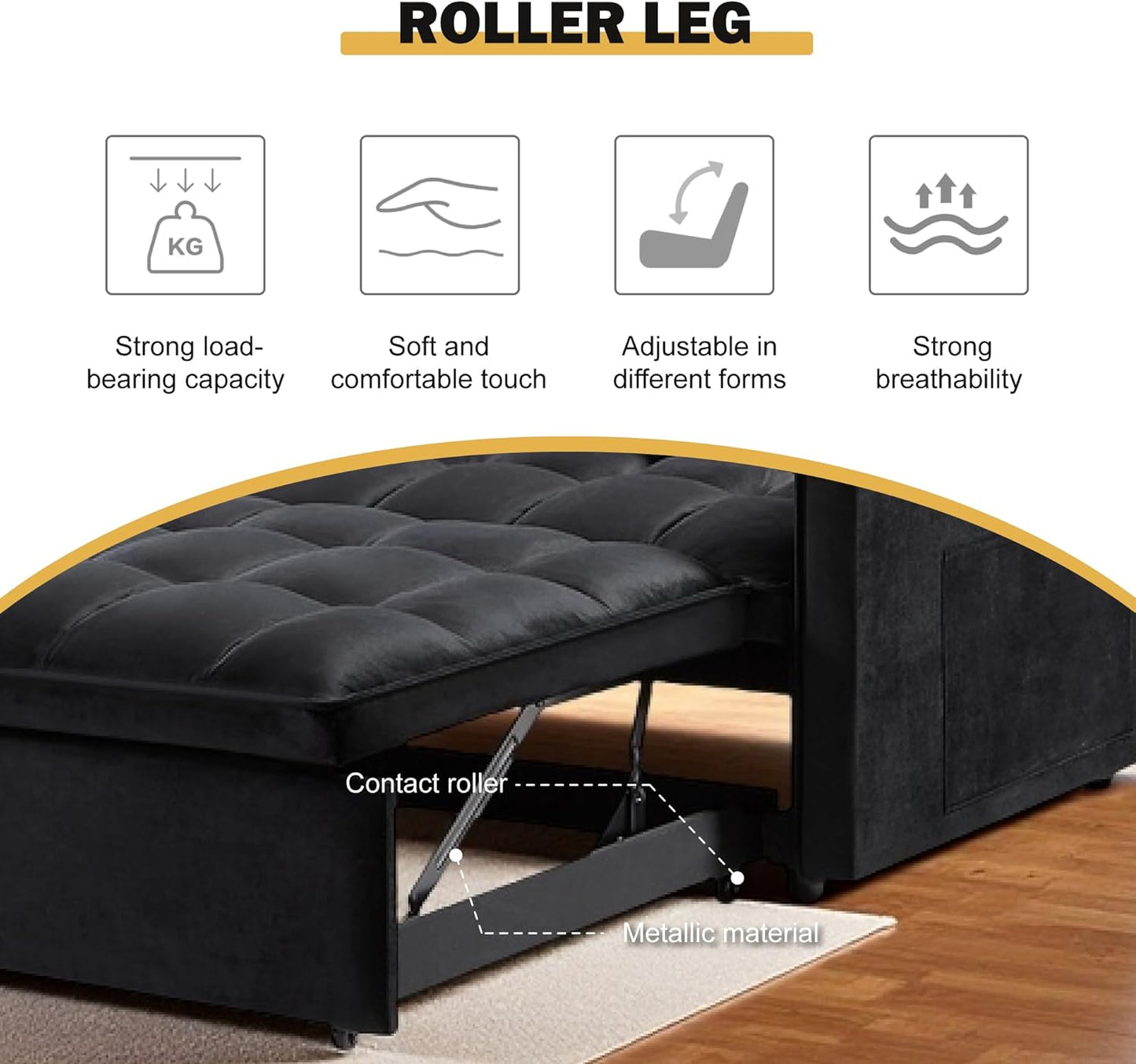 3 in 1 Convertible Sleeper Sofa Bed, Couch with Pull Out Bed with Side Pocket, Convertible Love Seat Sleepers Couch for Living Room, Bedroom, Black
