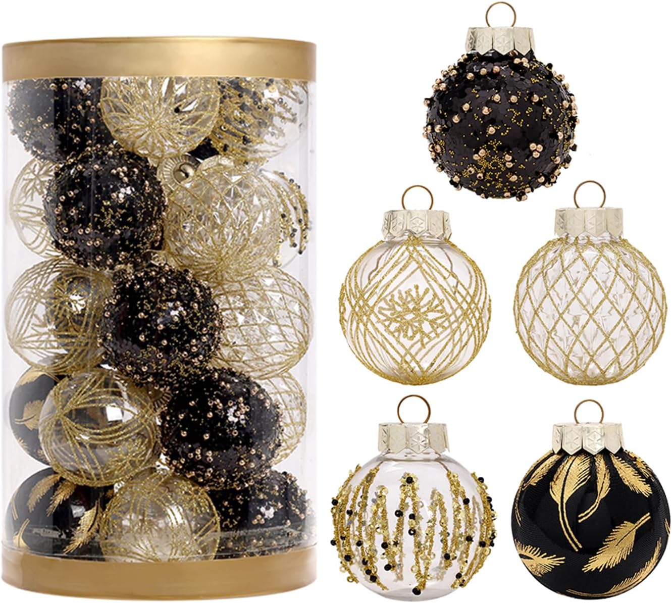 25PCS Christmas Ornaments Set, 2.36"/6CM Clear Plastic Shatterproof Christmas Ball Hanging Ornaments for Xmas Tree Decorations, for Indoor Home Party Holiday Decor - Black/Gold.